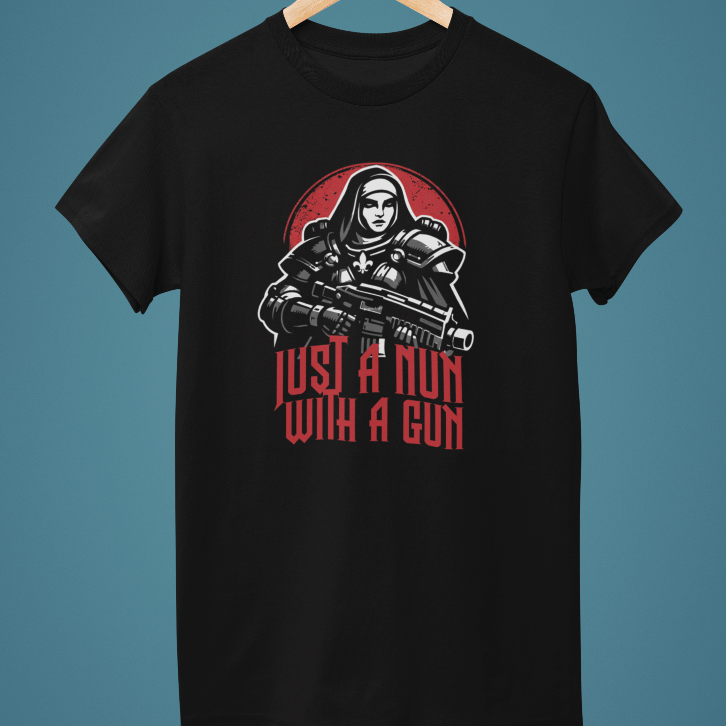 black Warhammer 40k Adepta Sororitas t-shirt featuring "just a nun with a gun" graphic