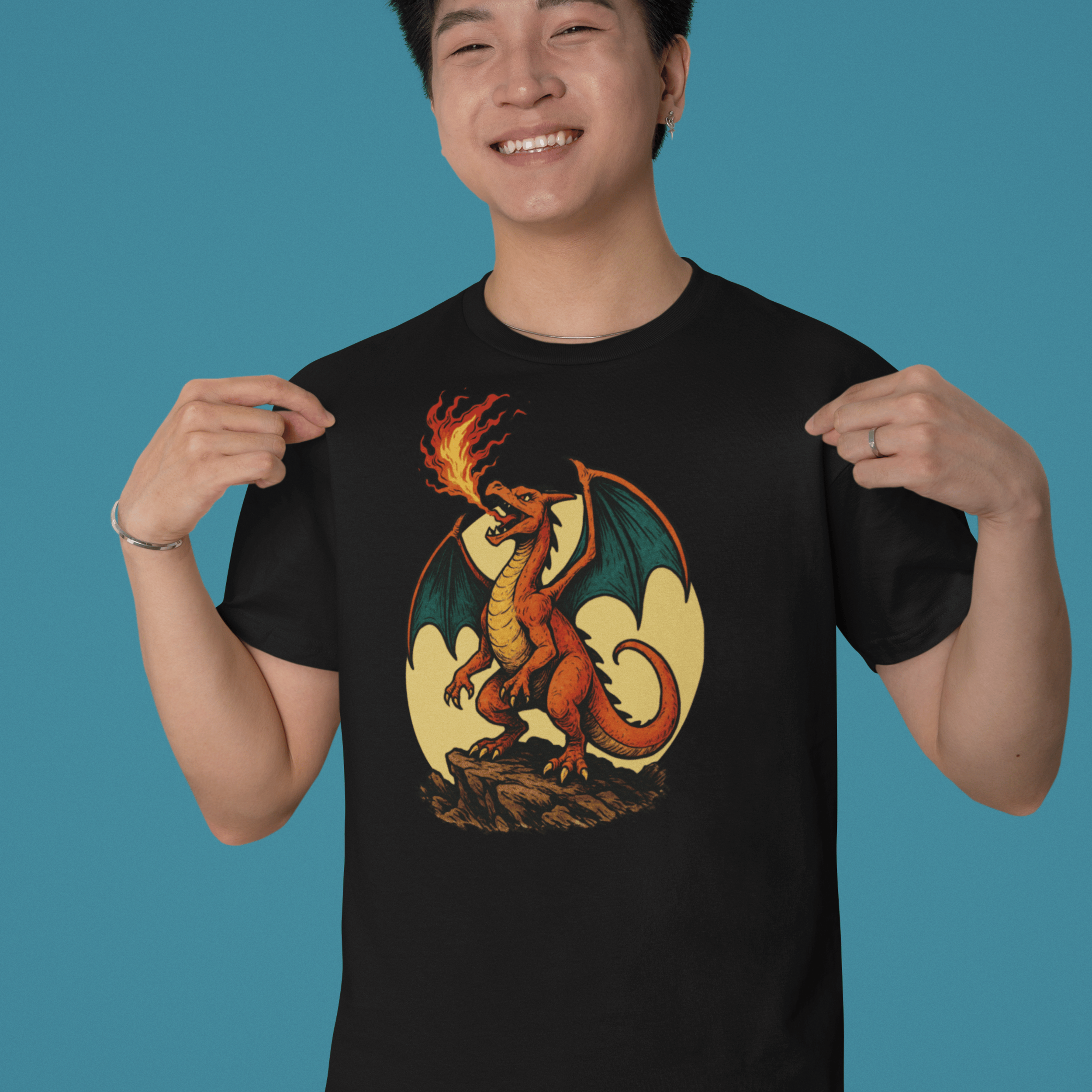 Man wearing fantasy charizard t-shirt with fire-breathing dragon