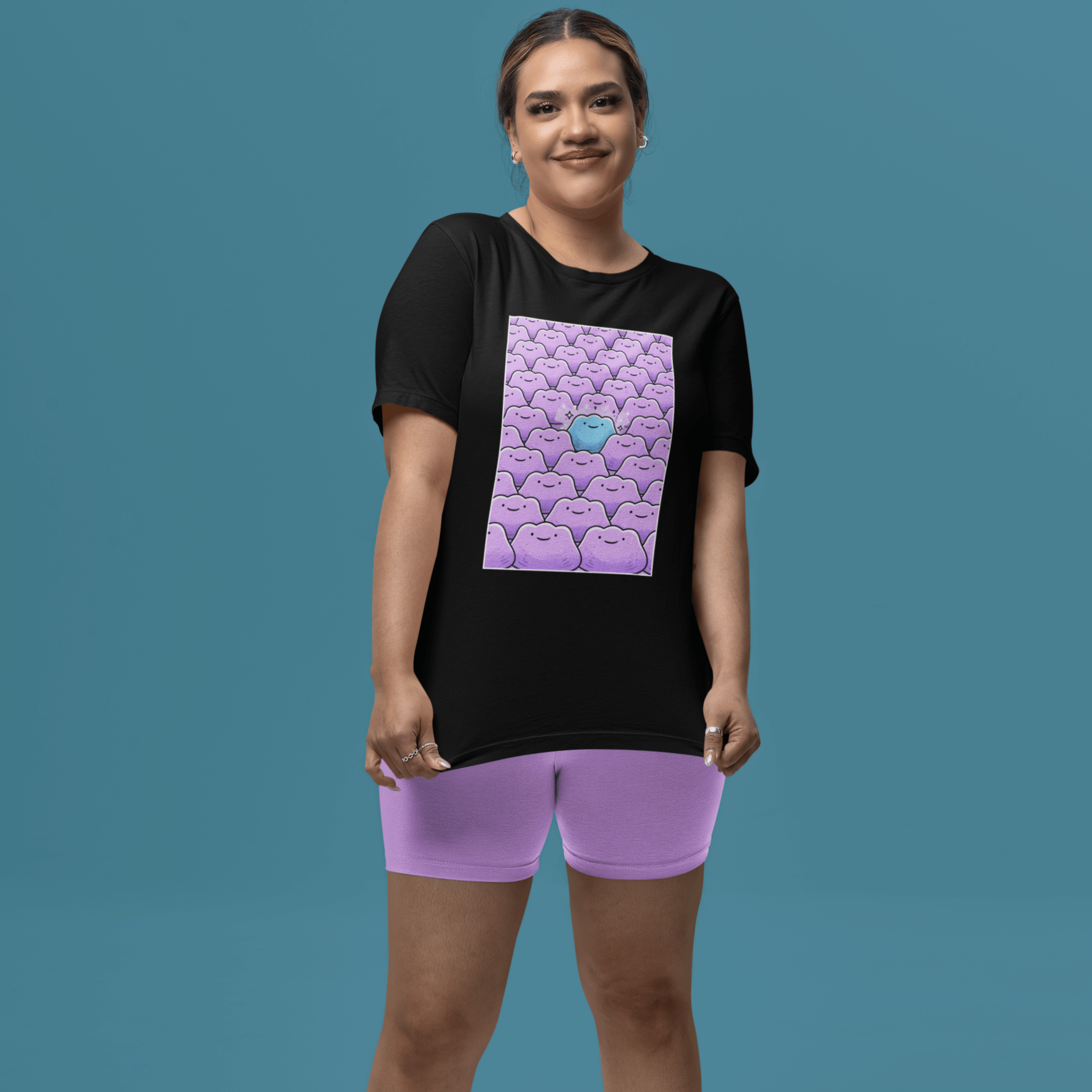 woman smiling wearing shiny ditto tshirt