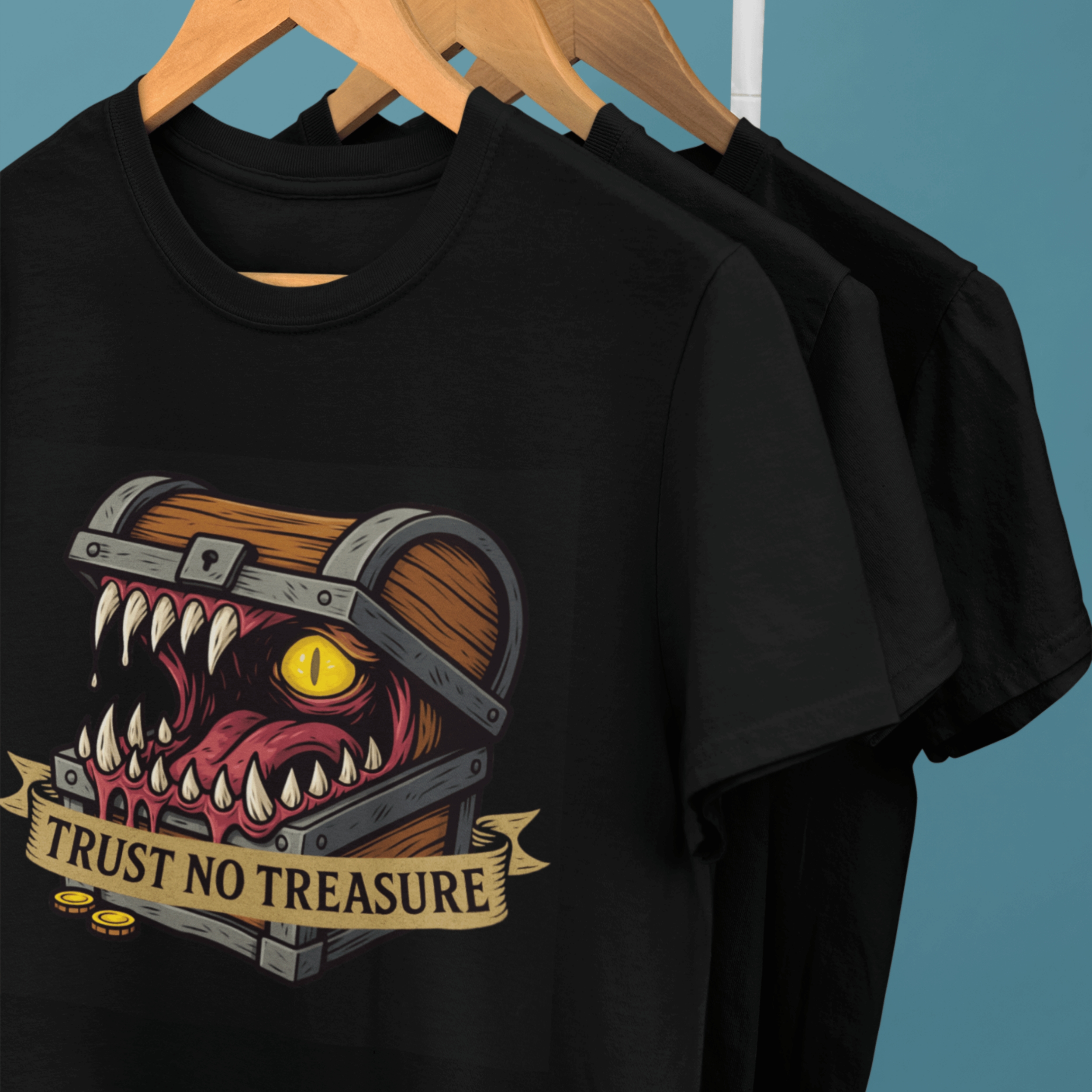 rack of D&D mimic t-shirts with monster treasure chest as slogan "trust no treasure"