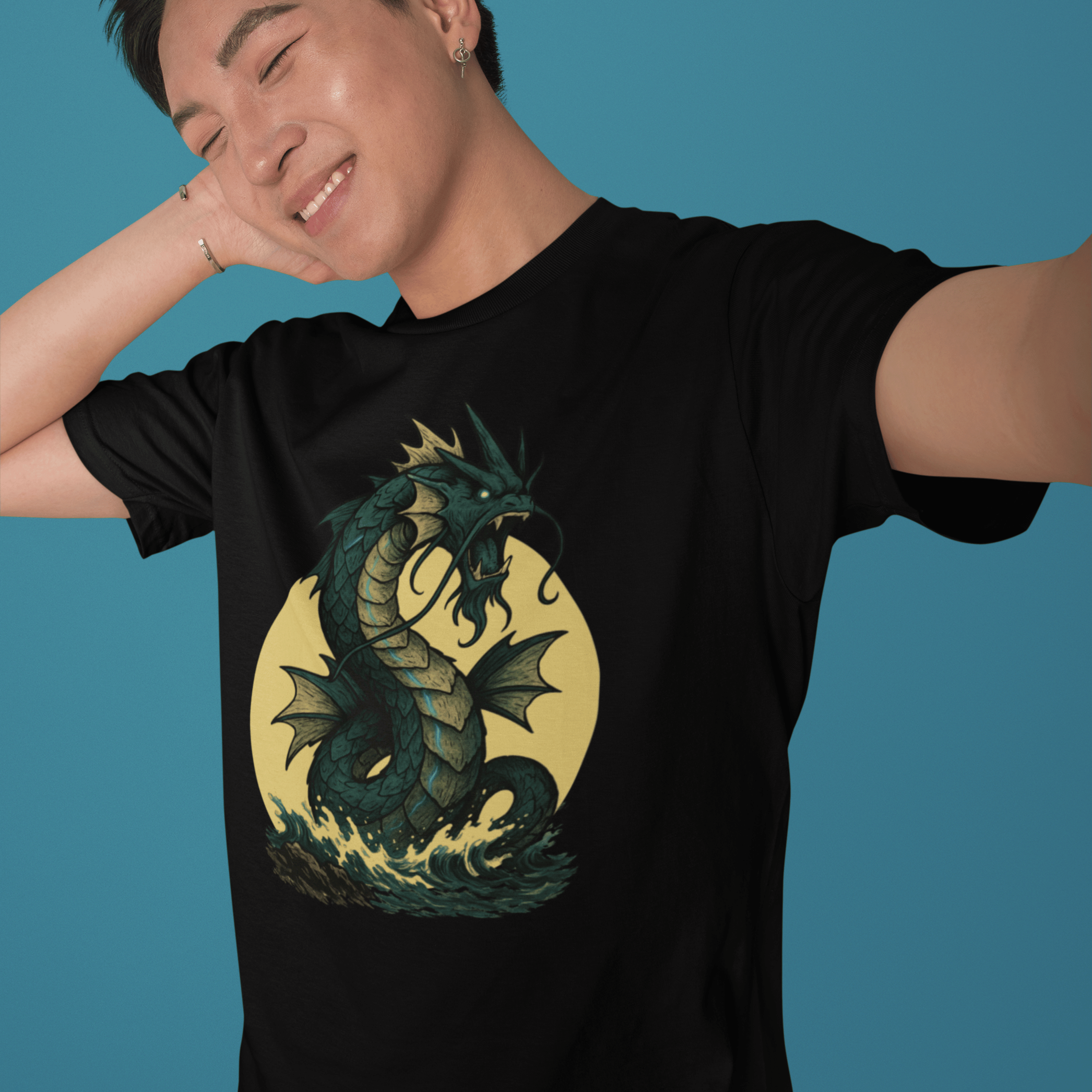 man wearing Fantasy pokemon t-shirt inspired by Gyarados