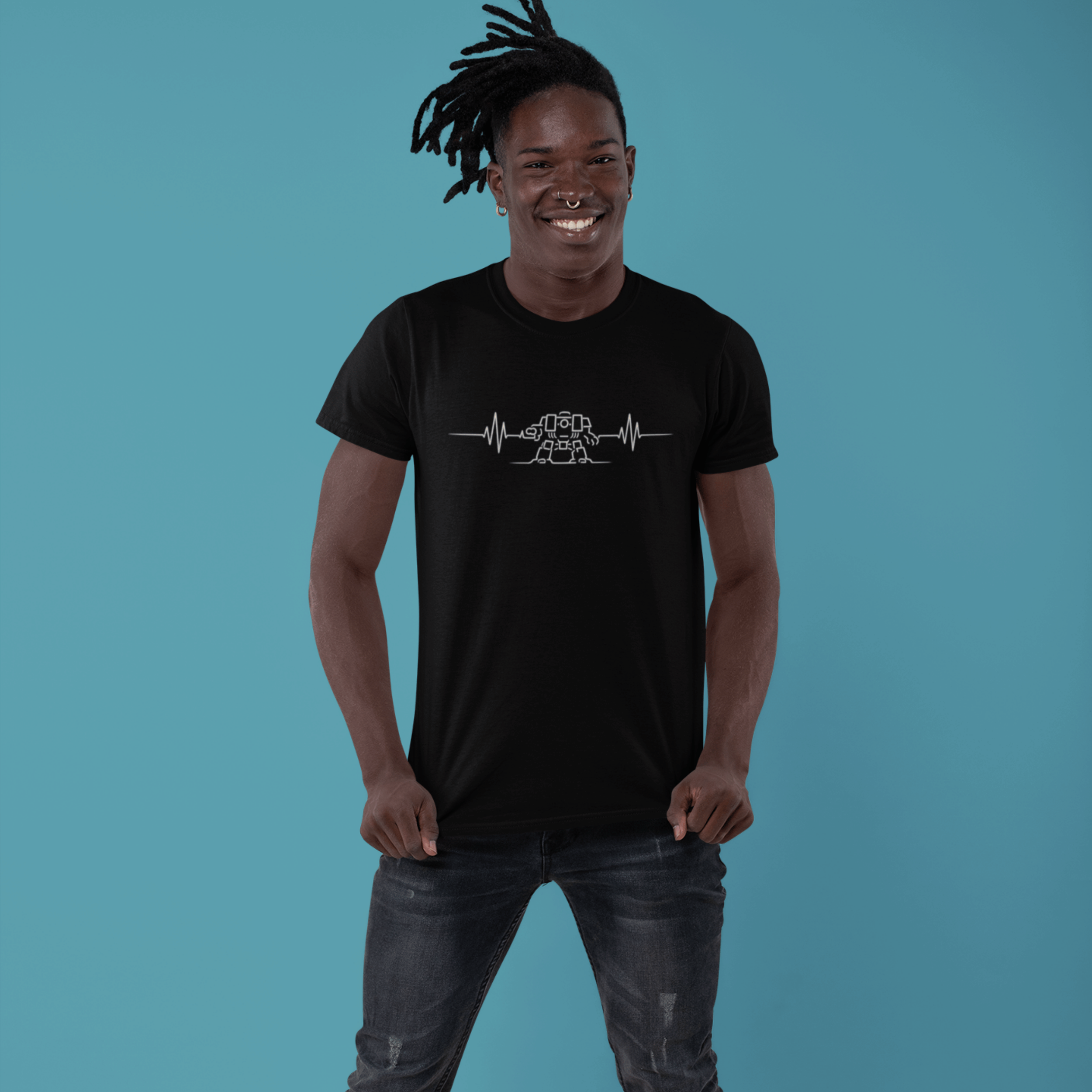 man wearing Funny warhammer t-shirt with dreadnought pulse for wargamers who live and breathe 40K