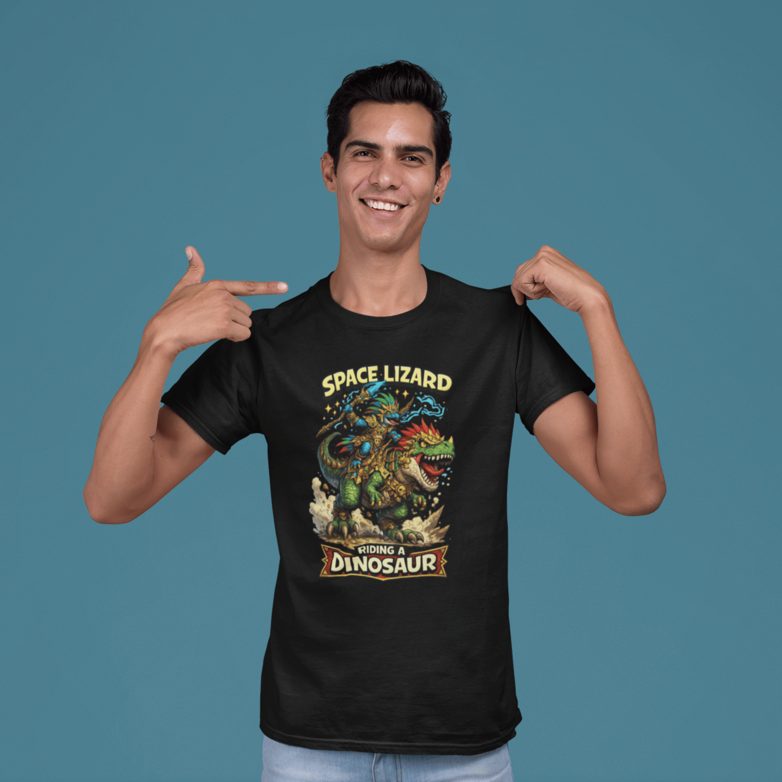 man pointing to Warhammer Age of Sigmar Seraphon t-shirt featuring a space lizard riding a dinosaur