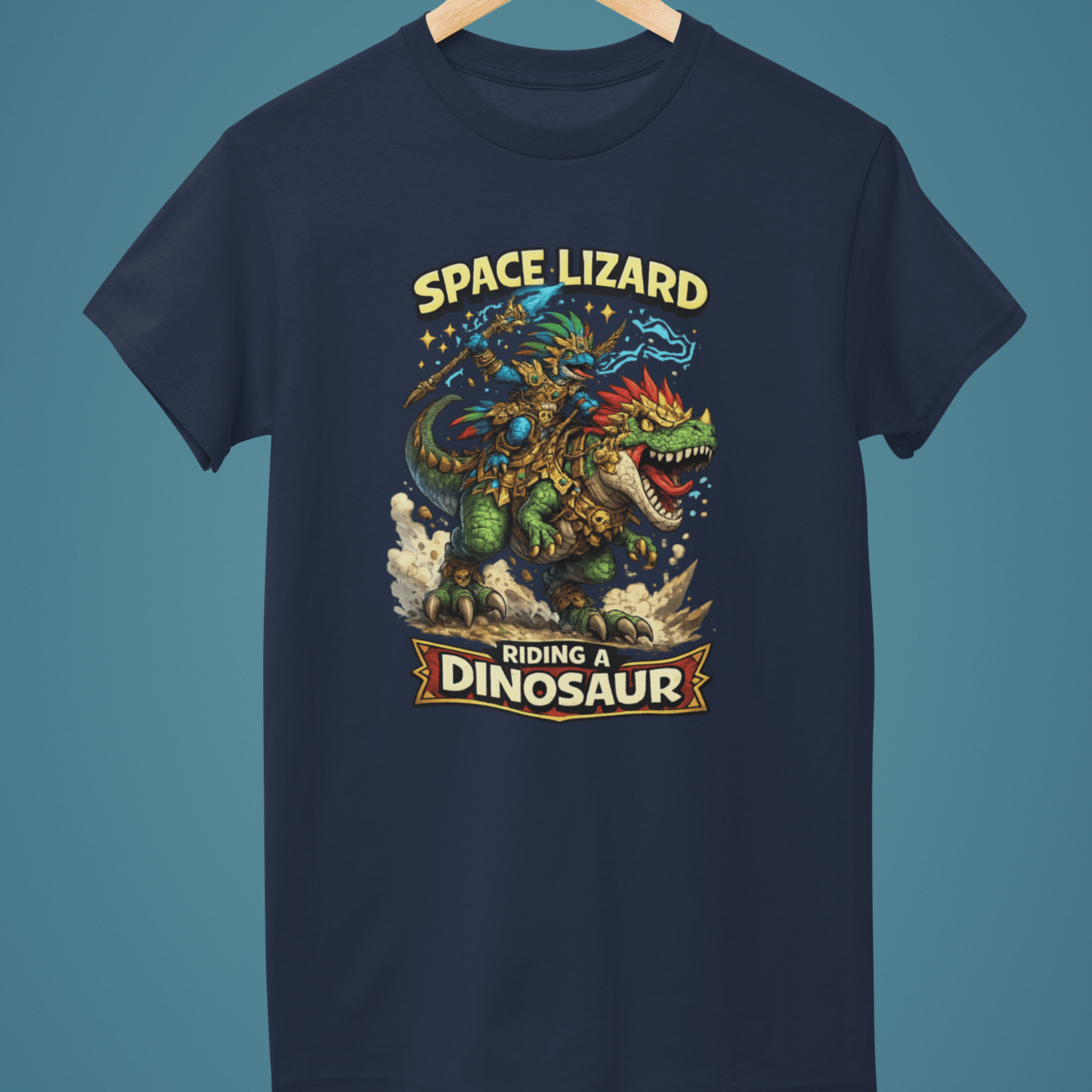 navy Warhammer Age of Sigmar Seraphon t-shirt featuring a space lizard riding a dinosaur