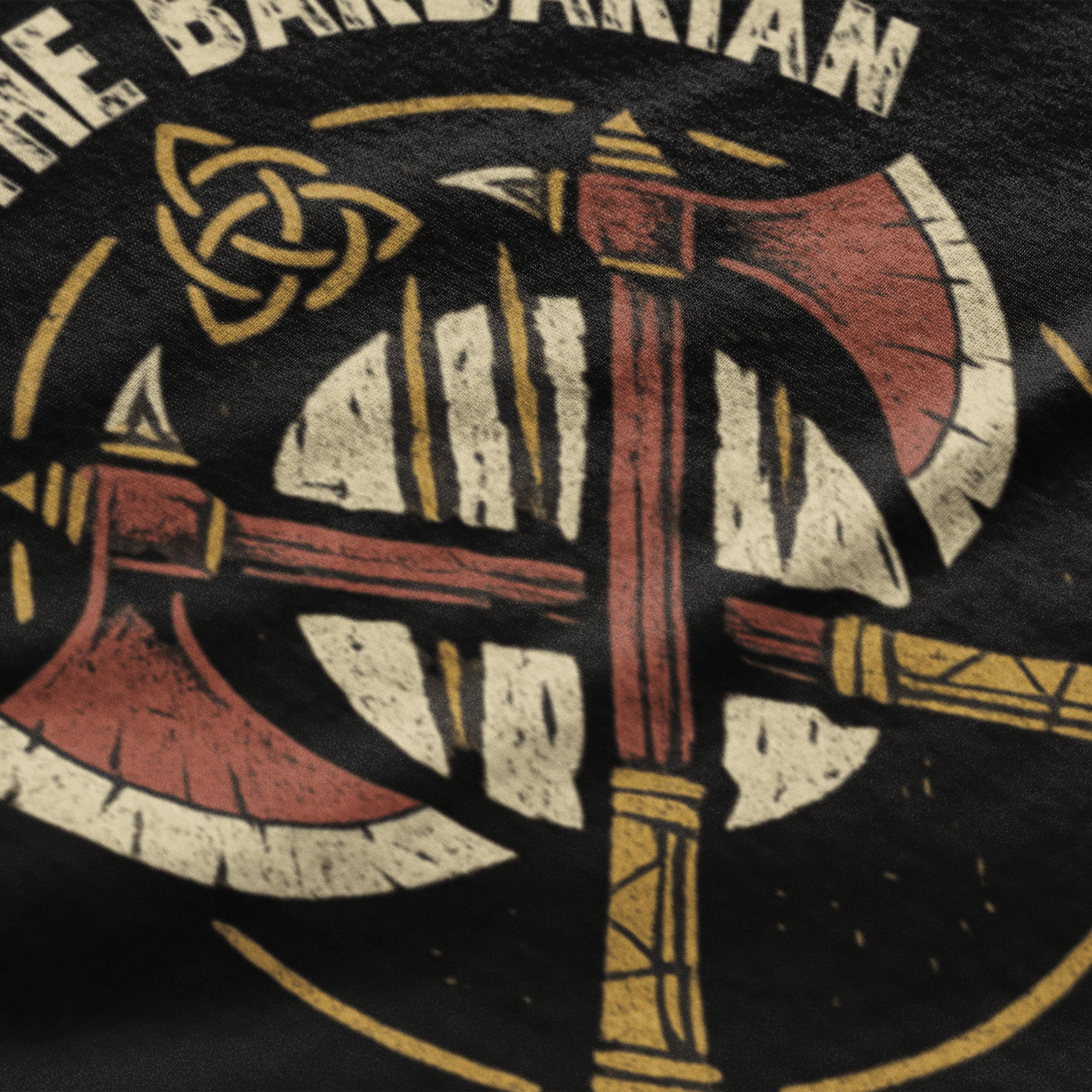close up of D&D barbarian t-shirt with emblem of "oath of the barbarian"