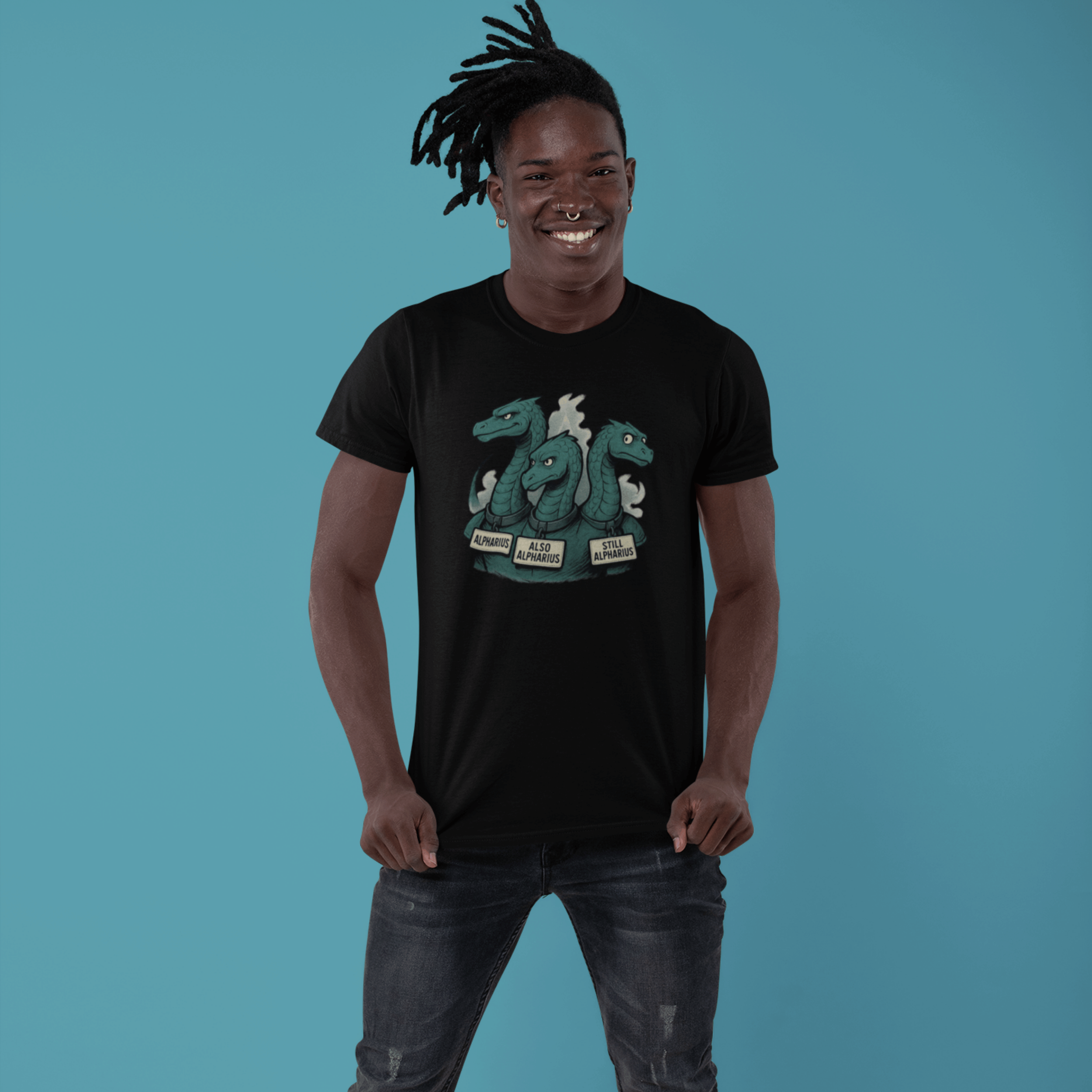 smiling man wearing Warhammer alpha legion tshirt with three-headed hydra all called Alpharius
