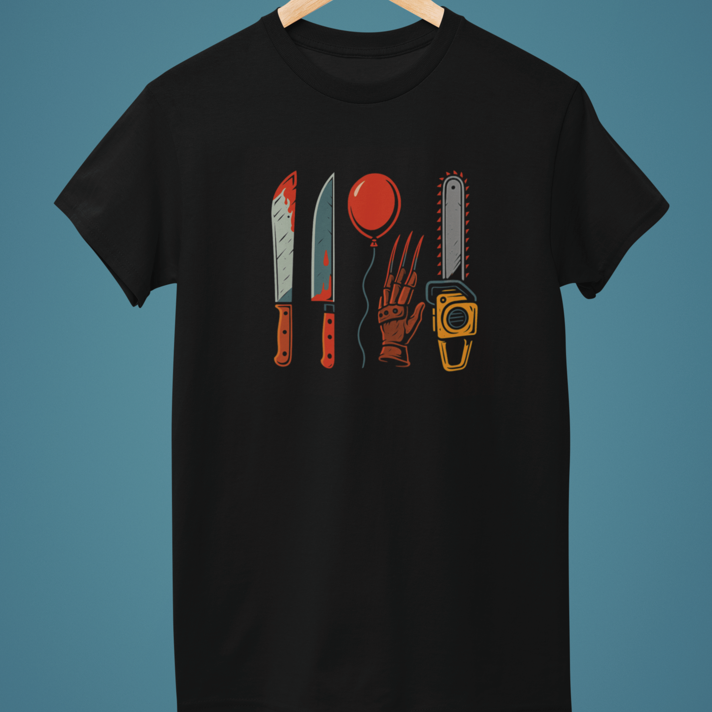 black horror movie villain weapons tshirt