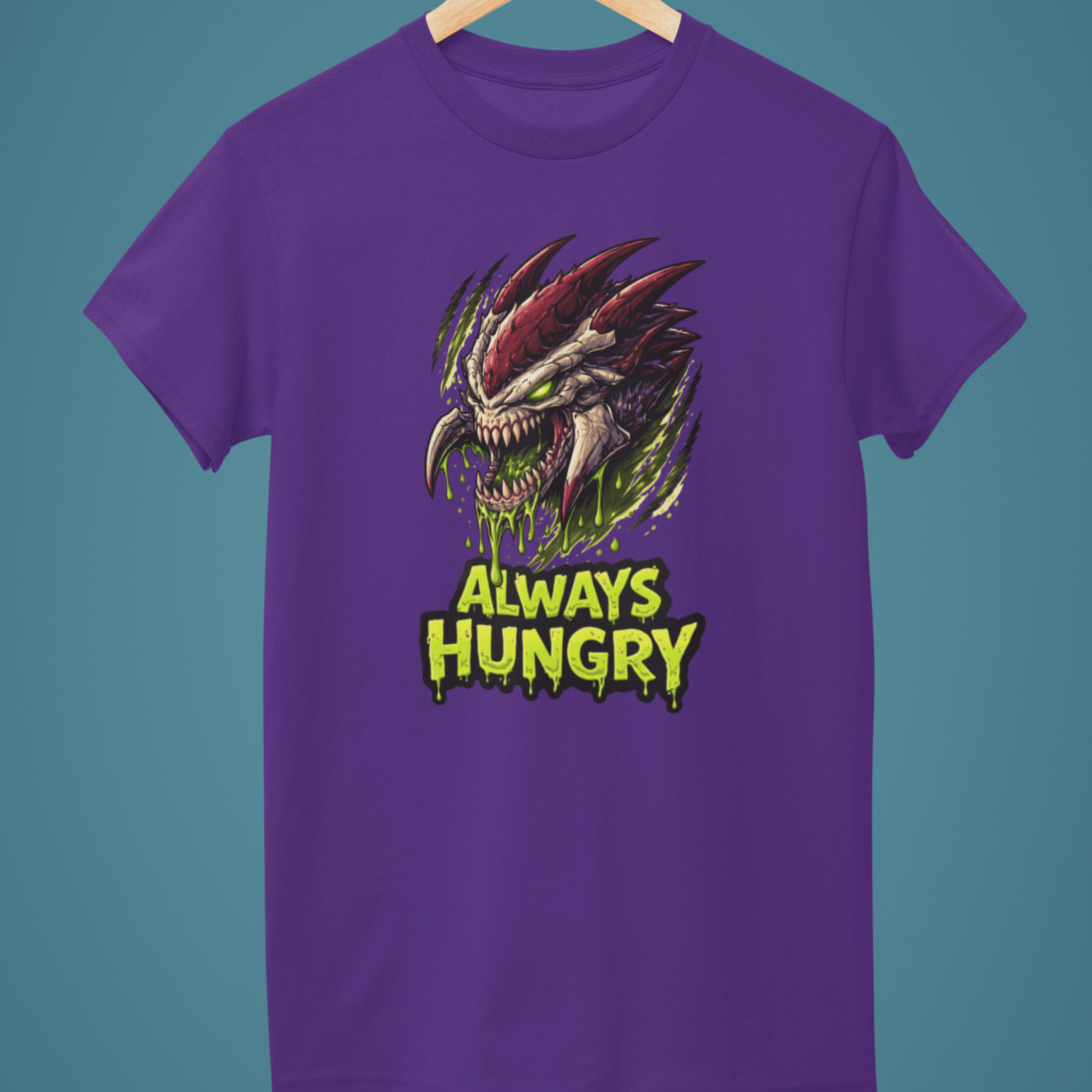 purple Warhammer 40k Tyranids t-shirt with "Always Hungry" slogan
