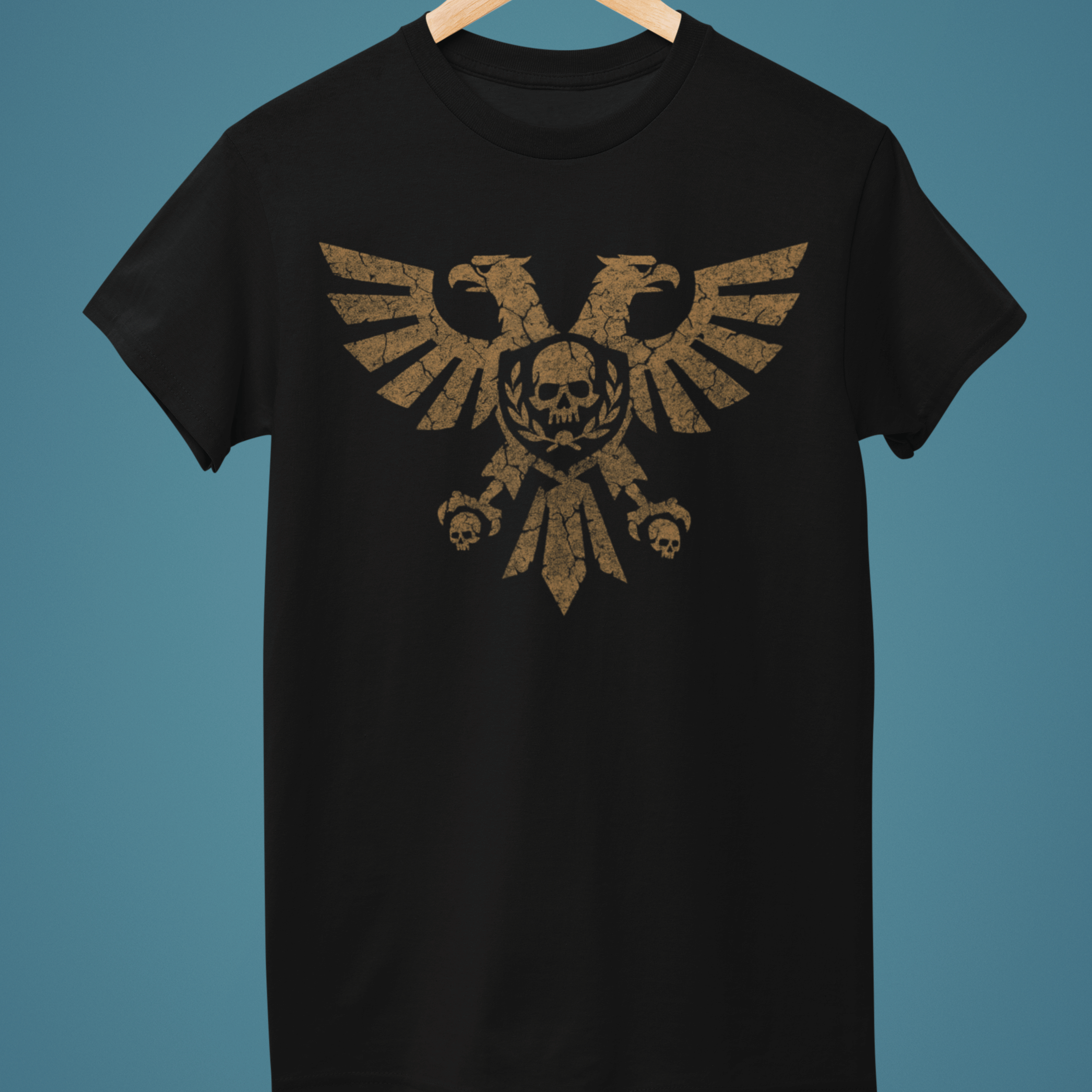 Black Warhammer 40k tshirt with gold aquila symbol in gold