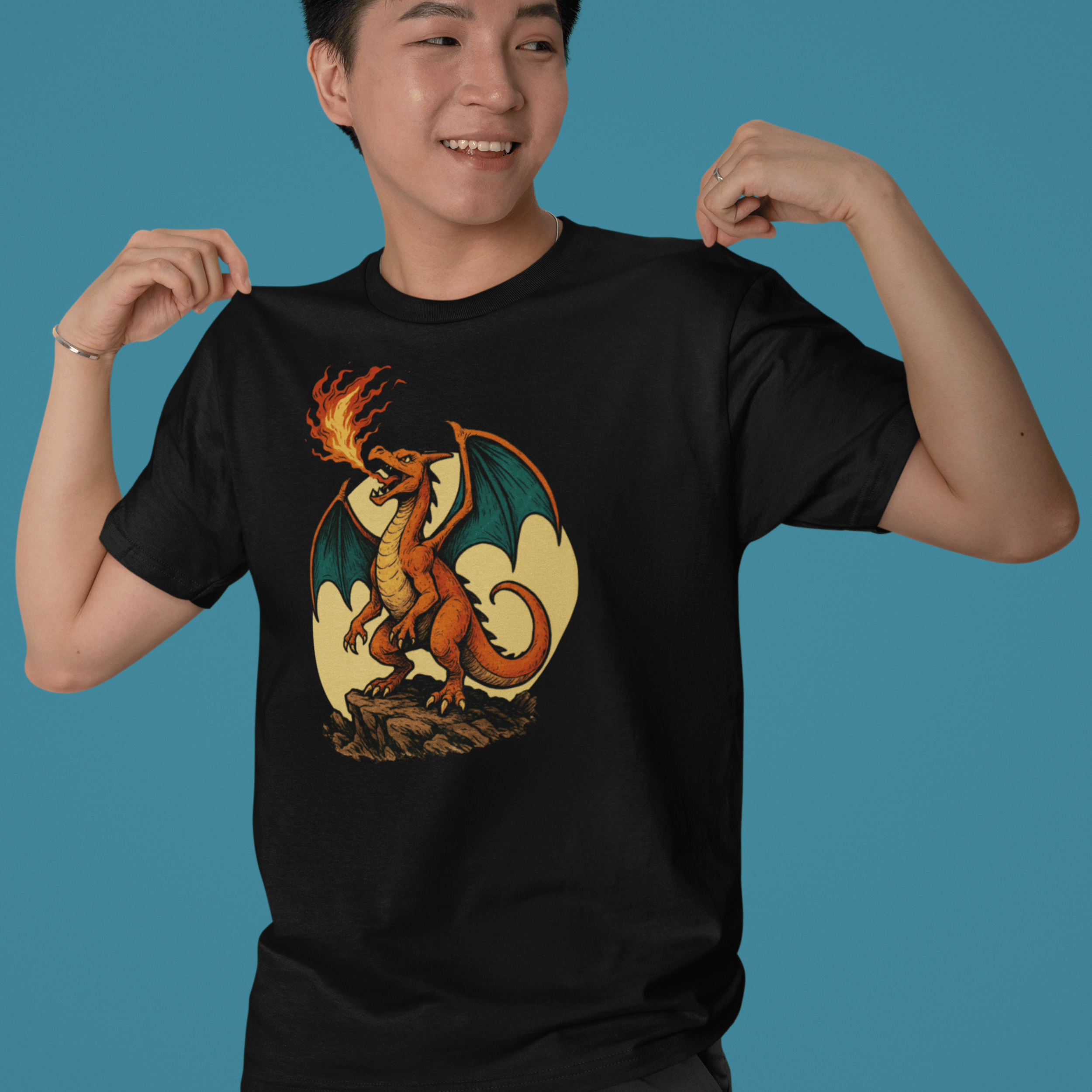 close up of man wearing Pokemon t-shirt with fantasy style charizard dragon