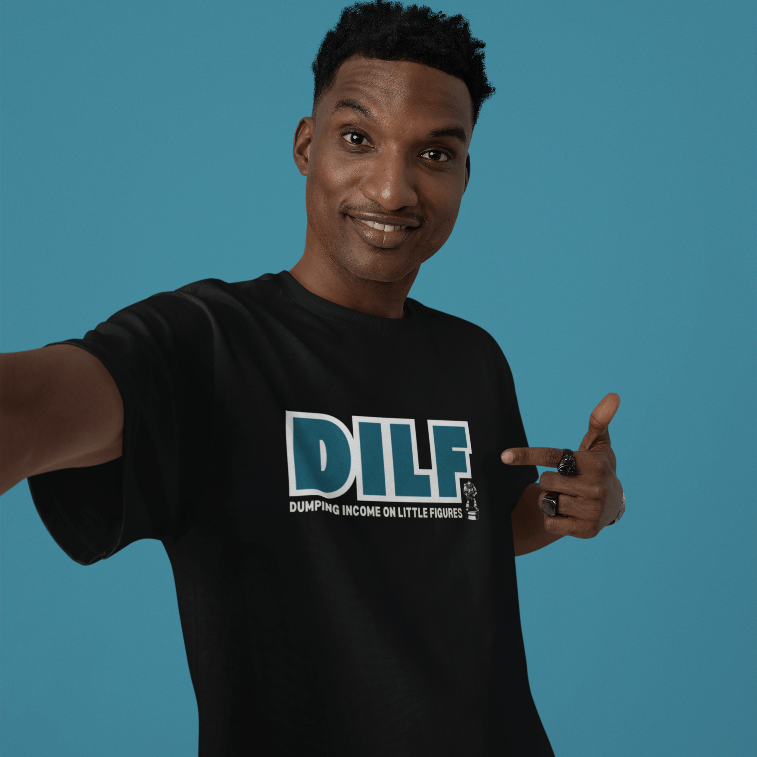 Man wearing funny warhammer 40k tshirt with slogan "DILF: dumping income on little figures"