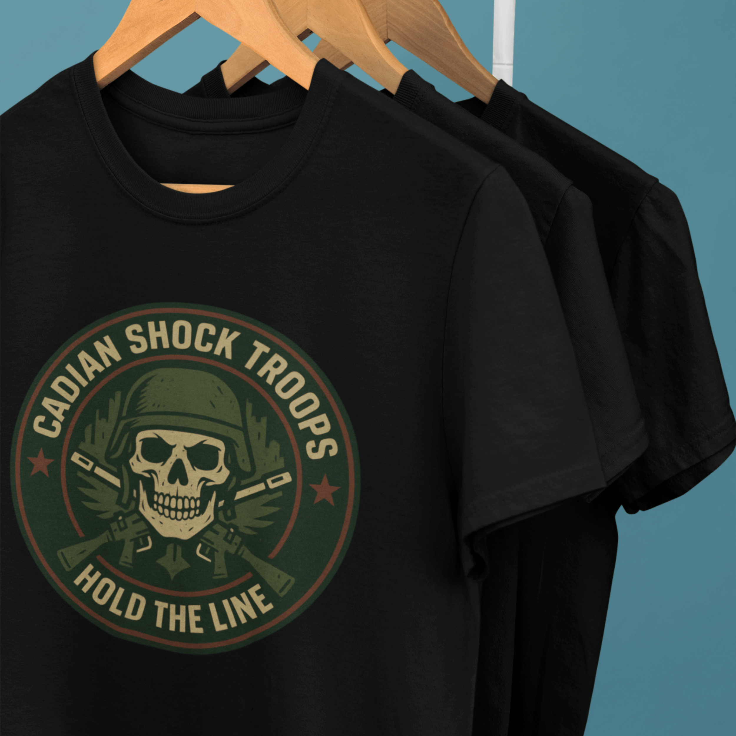 clothes rack of Warhammer 40k cadian shock troop tshirts