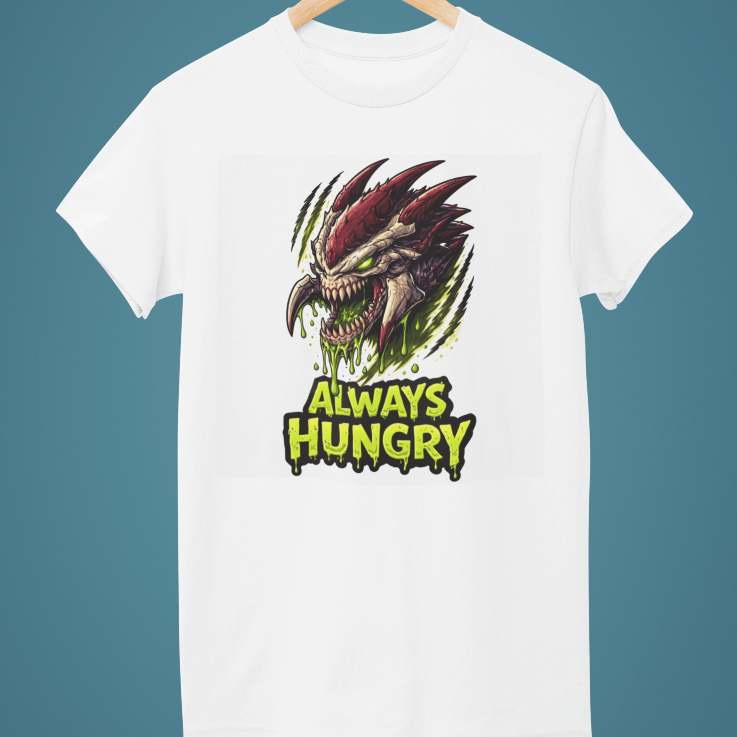 white Warhammer 40k Tyranids t-shirt with "Always Hungry" slogan