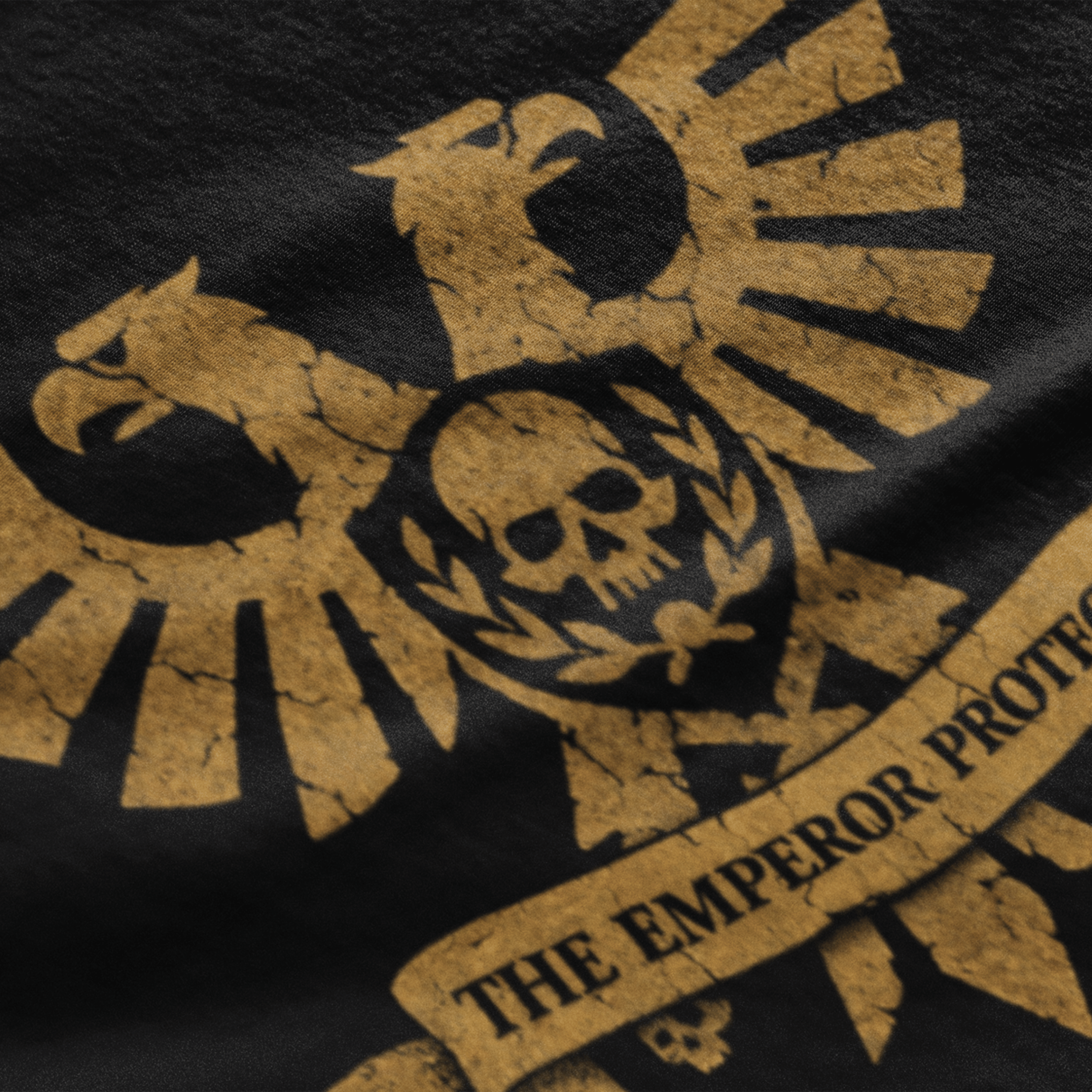 close up of Warhammer 40k tshirt with aquila and classic quote "the emperor protects"