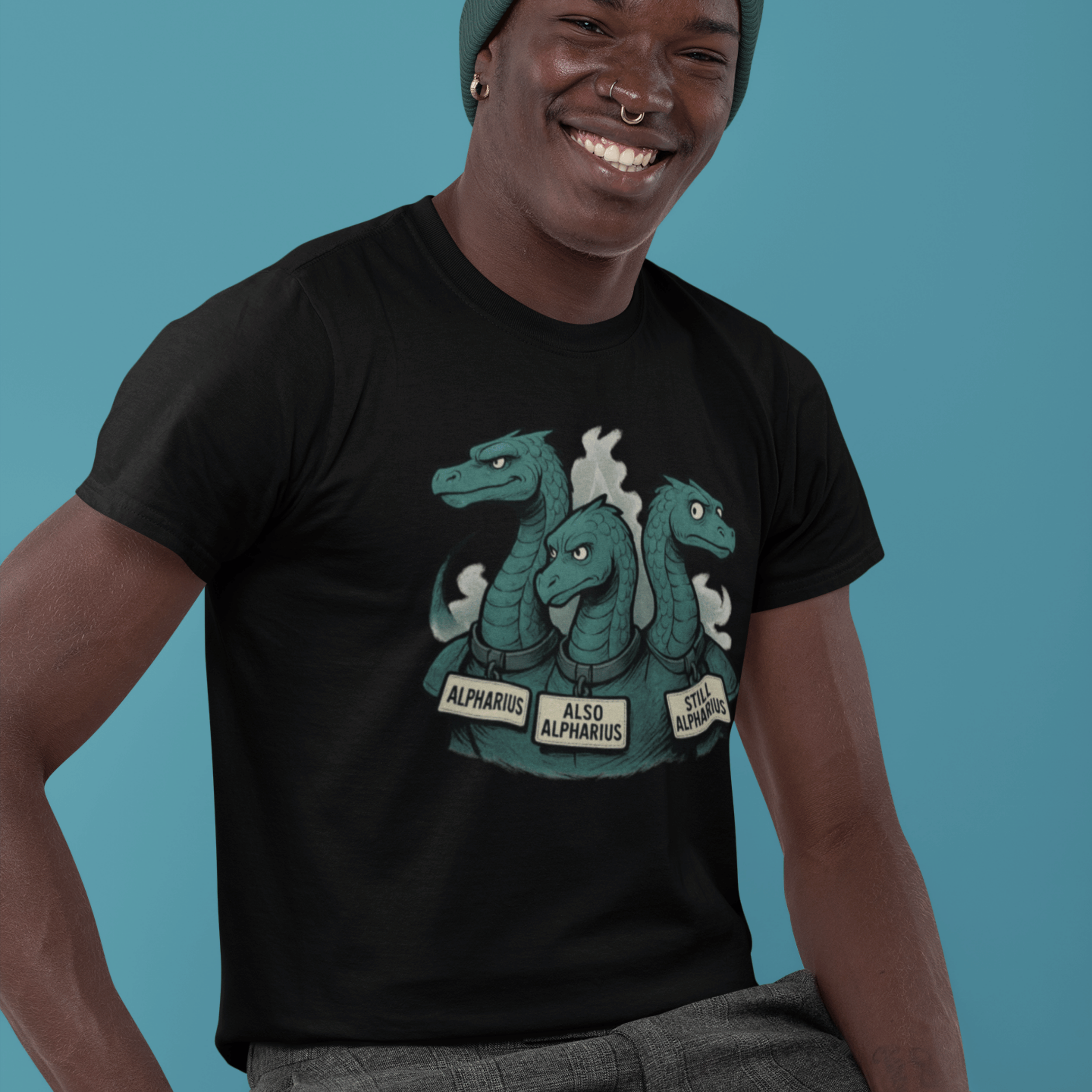 man wearing Warhammer alpha legion tshirt with three-headed hydra all called Alpharius