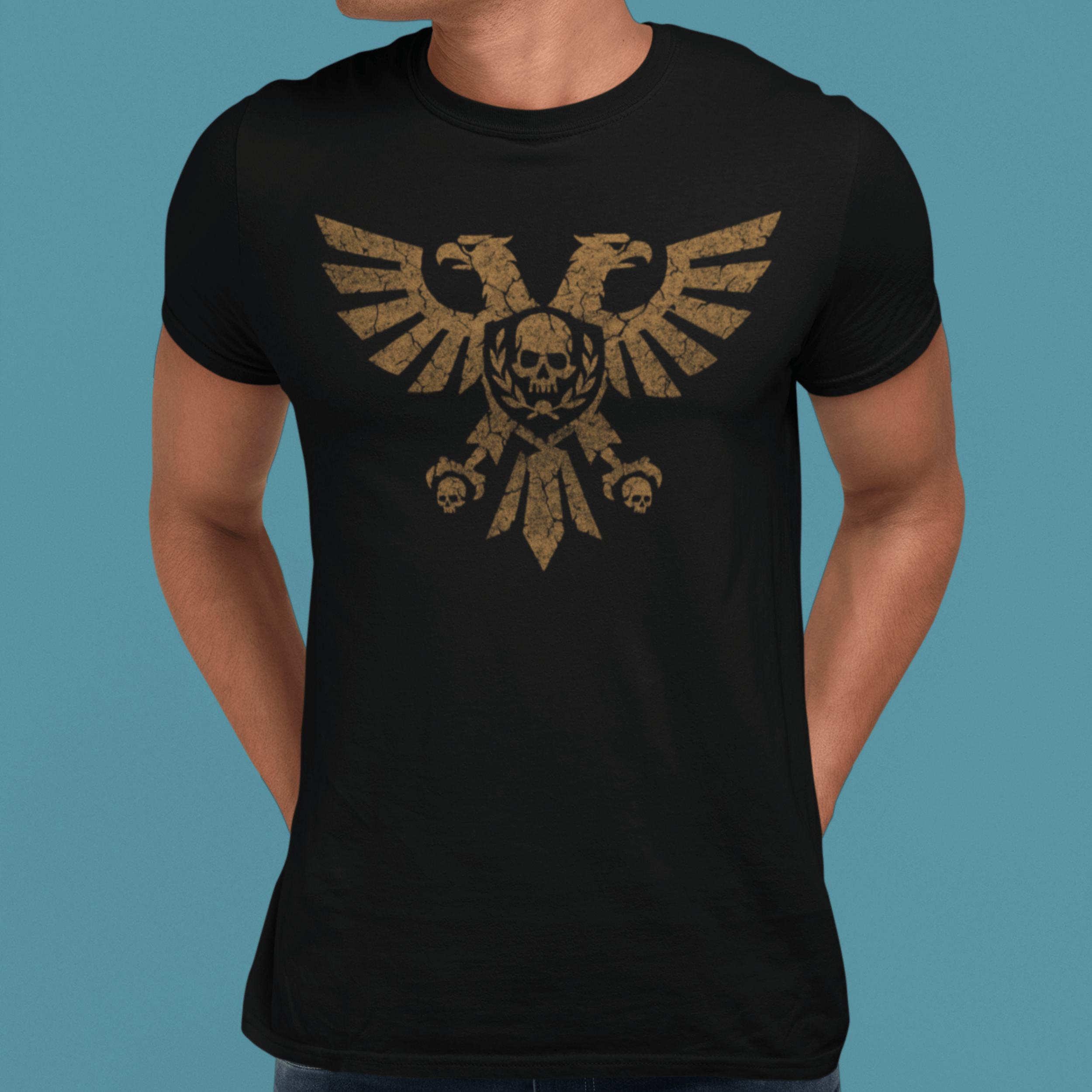man wearing Warhammer 40k tshirt with gold aquila symbol in gold