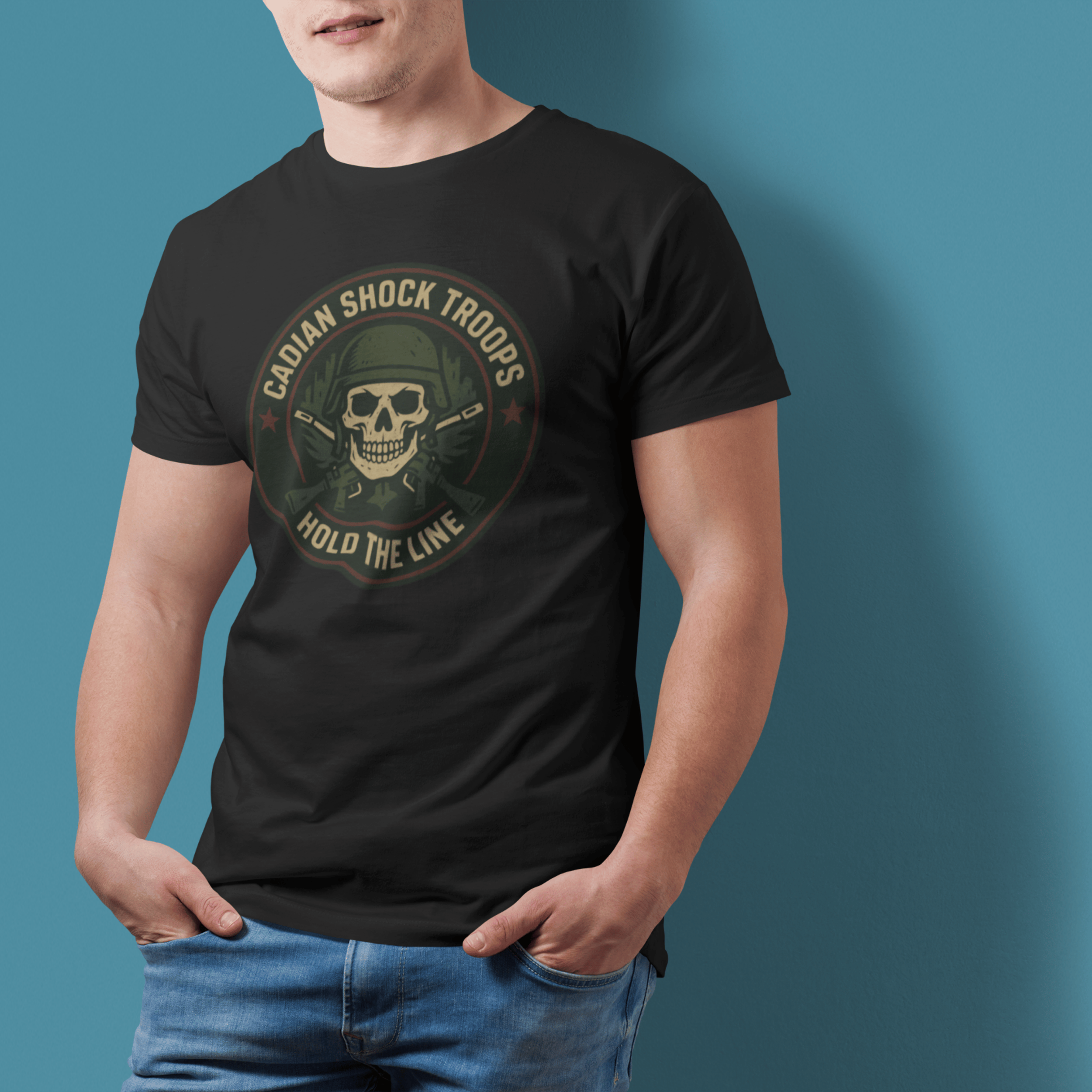 close up of man wearing Warhammer 40k cadian shock troop tshirt