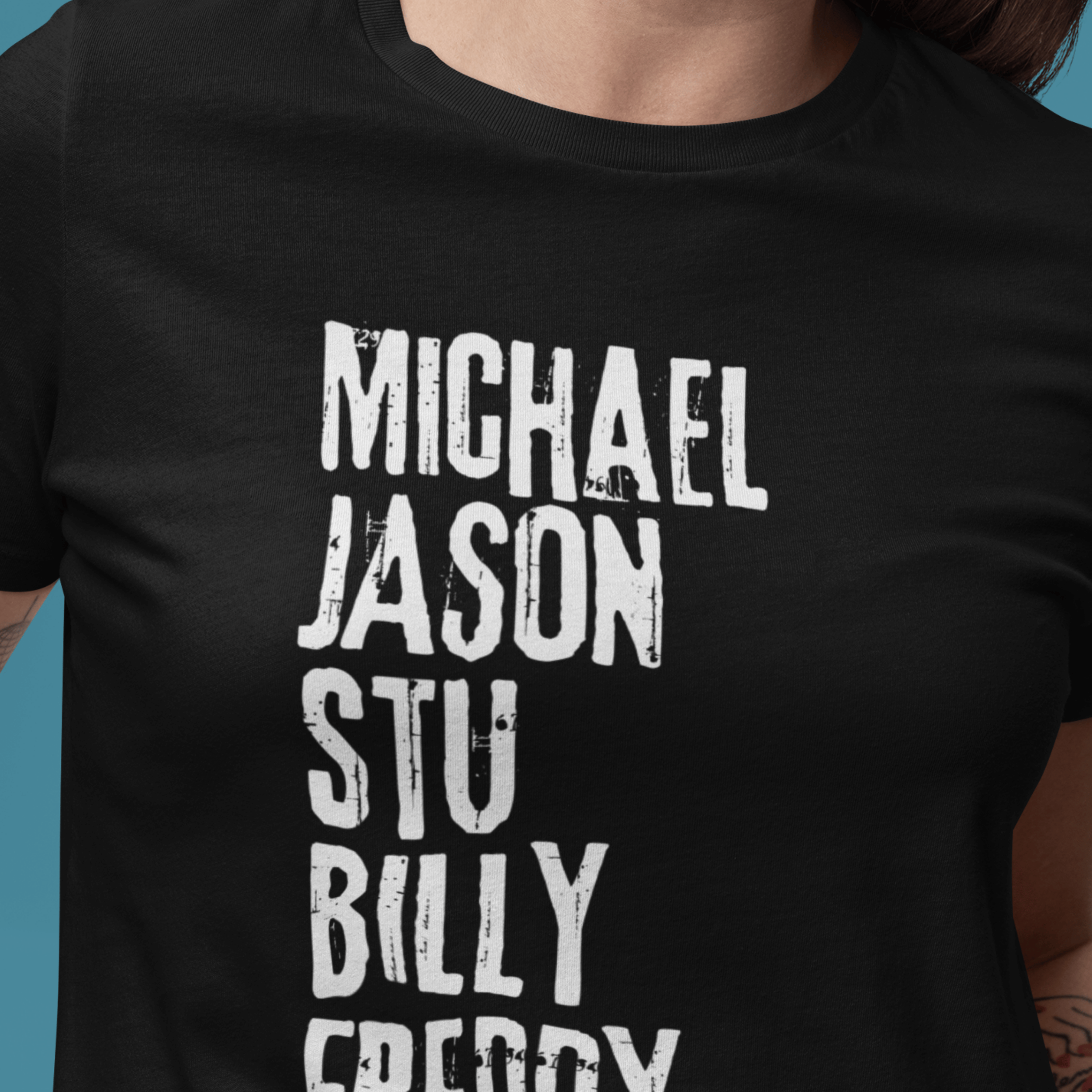 close up of woman wearing horror movie villain tshirt