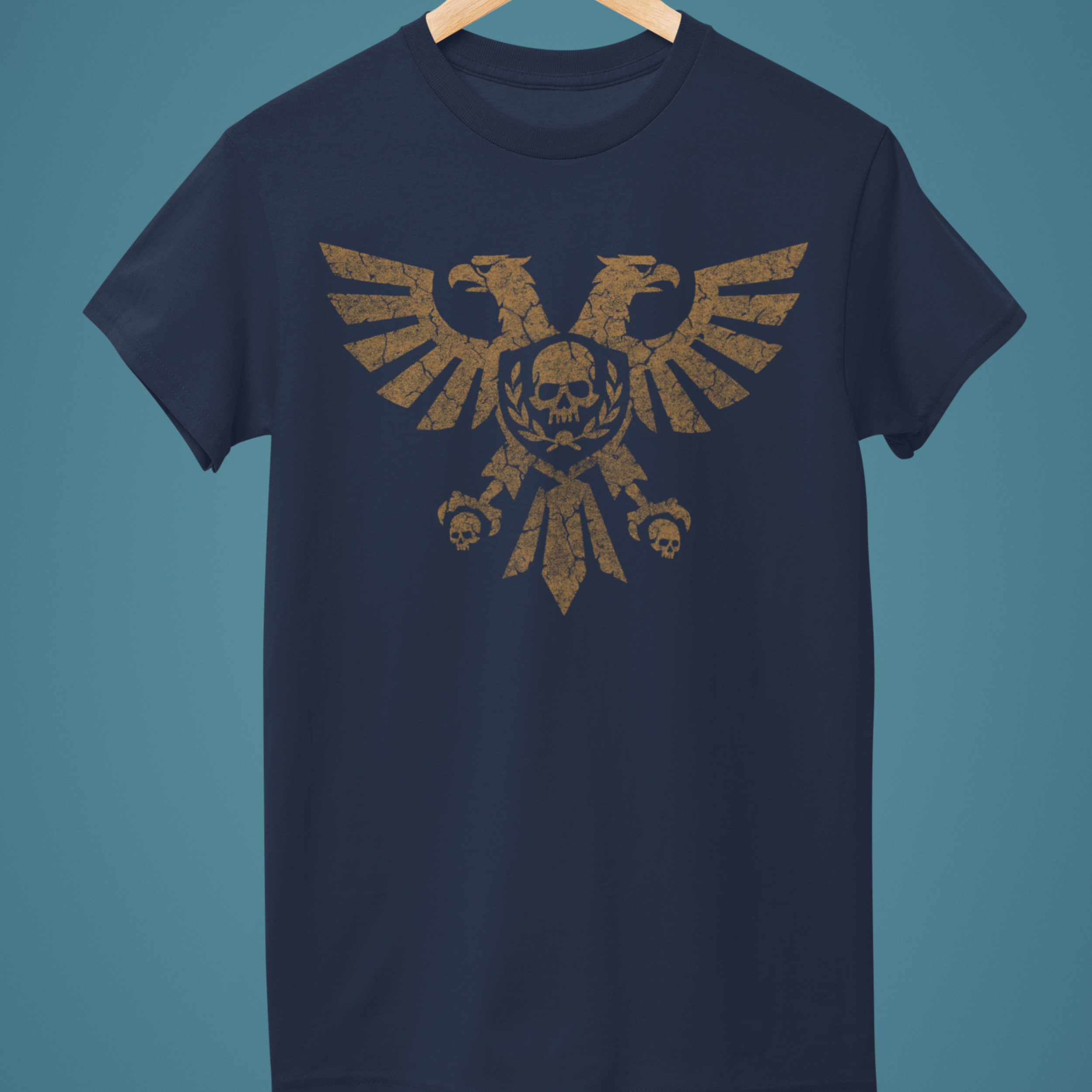 navy Warhammer 40k tshirt with gold aquila symbol in gold