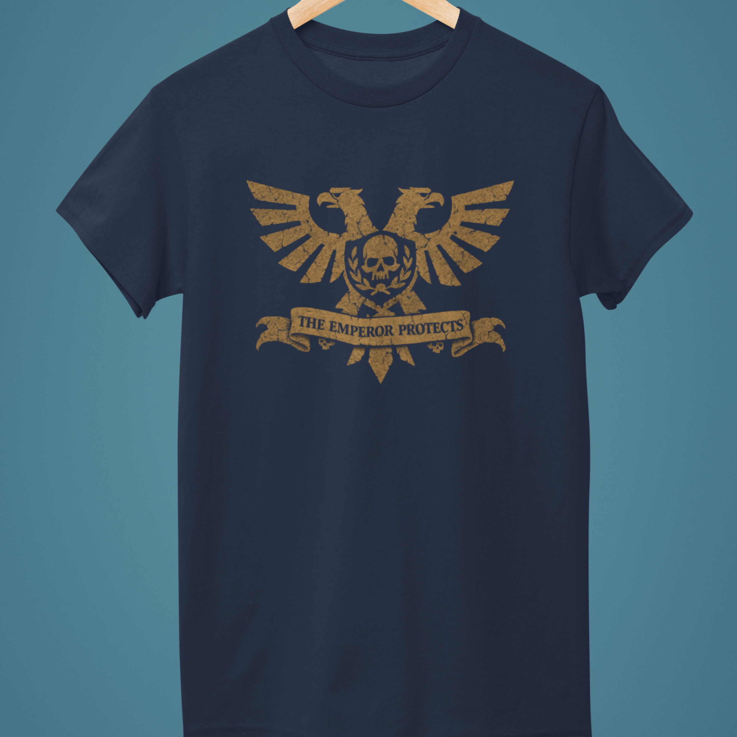 navy Warhammer 40k tshirt with aquila and classic quote "the emperor protects"