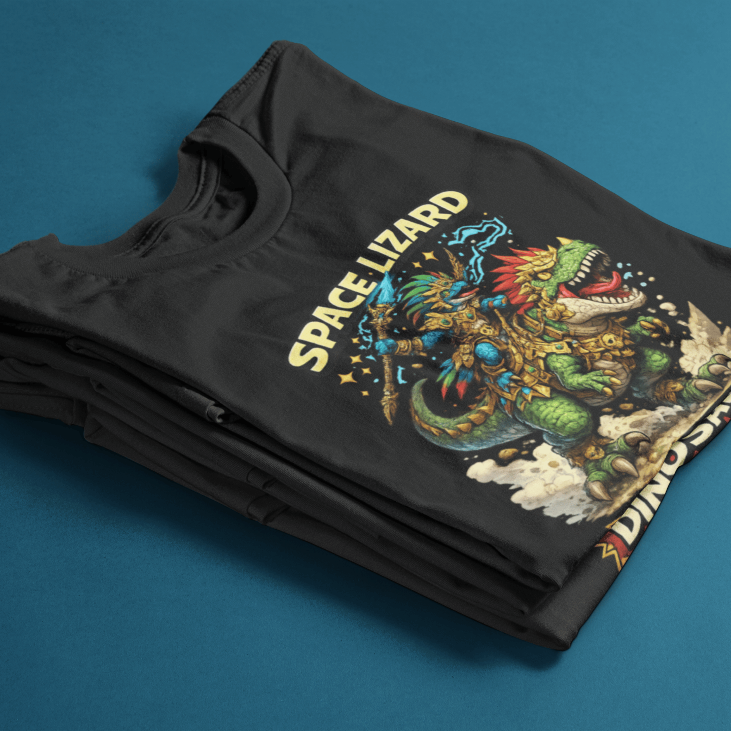 floating Warhammer Age of Sigmar Seraphon t-shirt featuring a space lizard riding a dinosaur