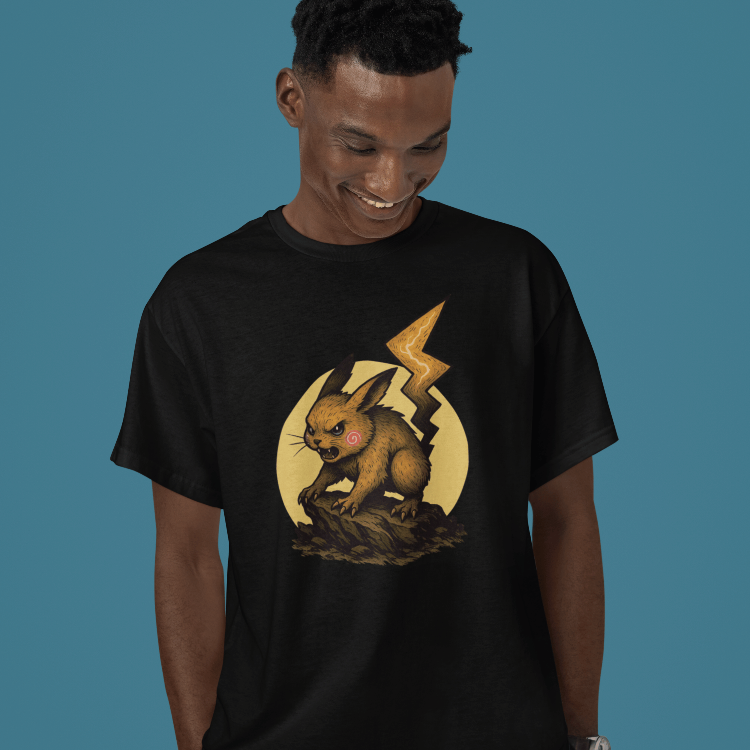 close up of man wearing Pokemon t-shirt with fantasy Pikachu creature