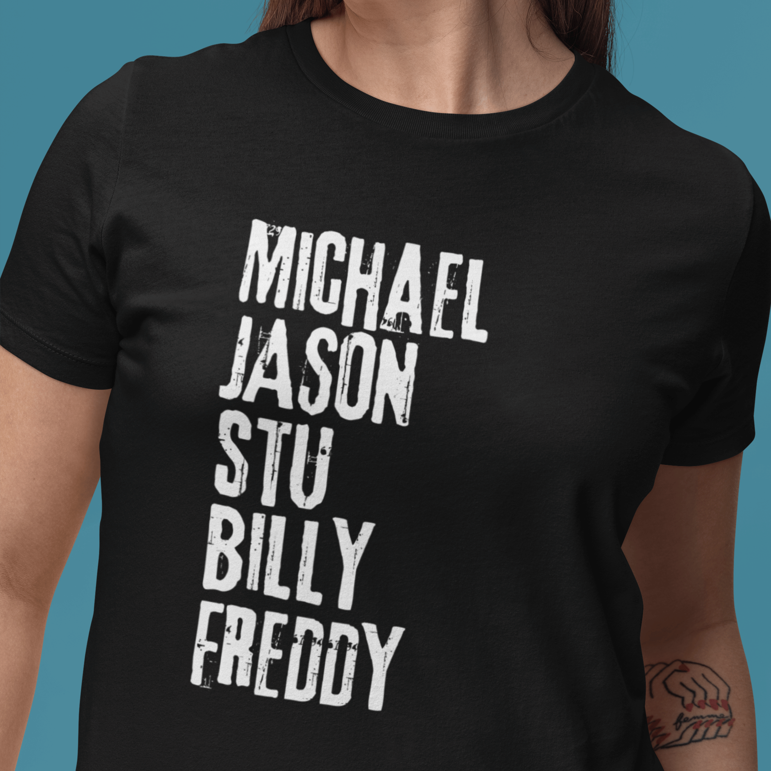 woman wearing horror movie villain tshirt