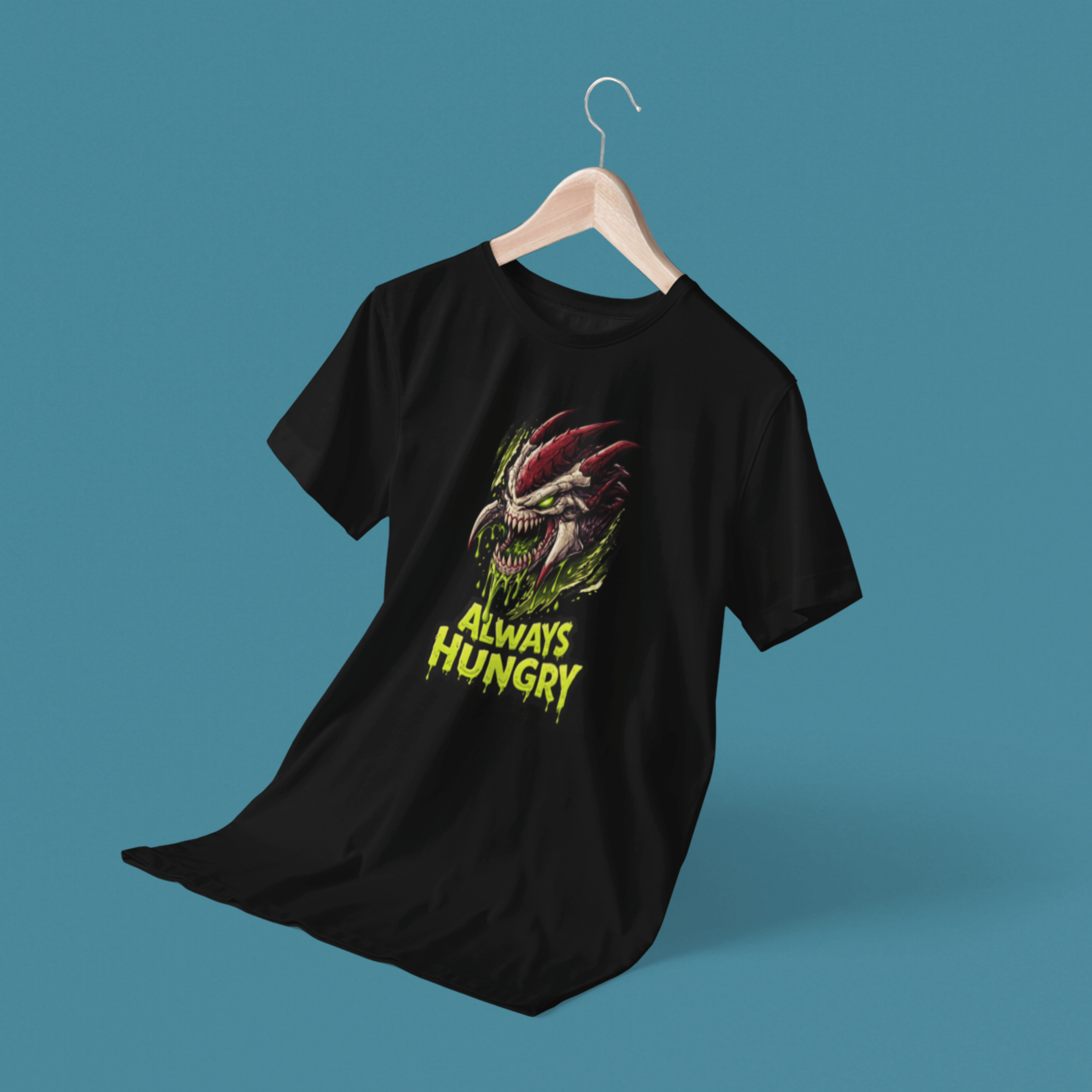 floating Warhammer 40k Tyranids t-shirt with "Always Hungry" slogan