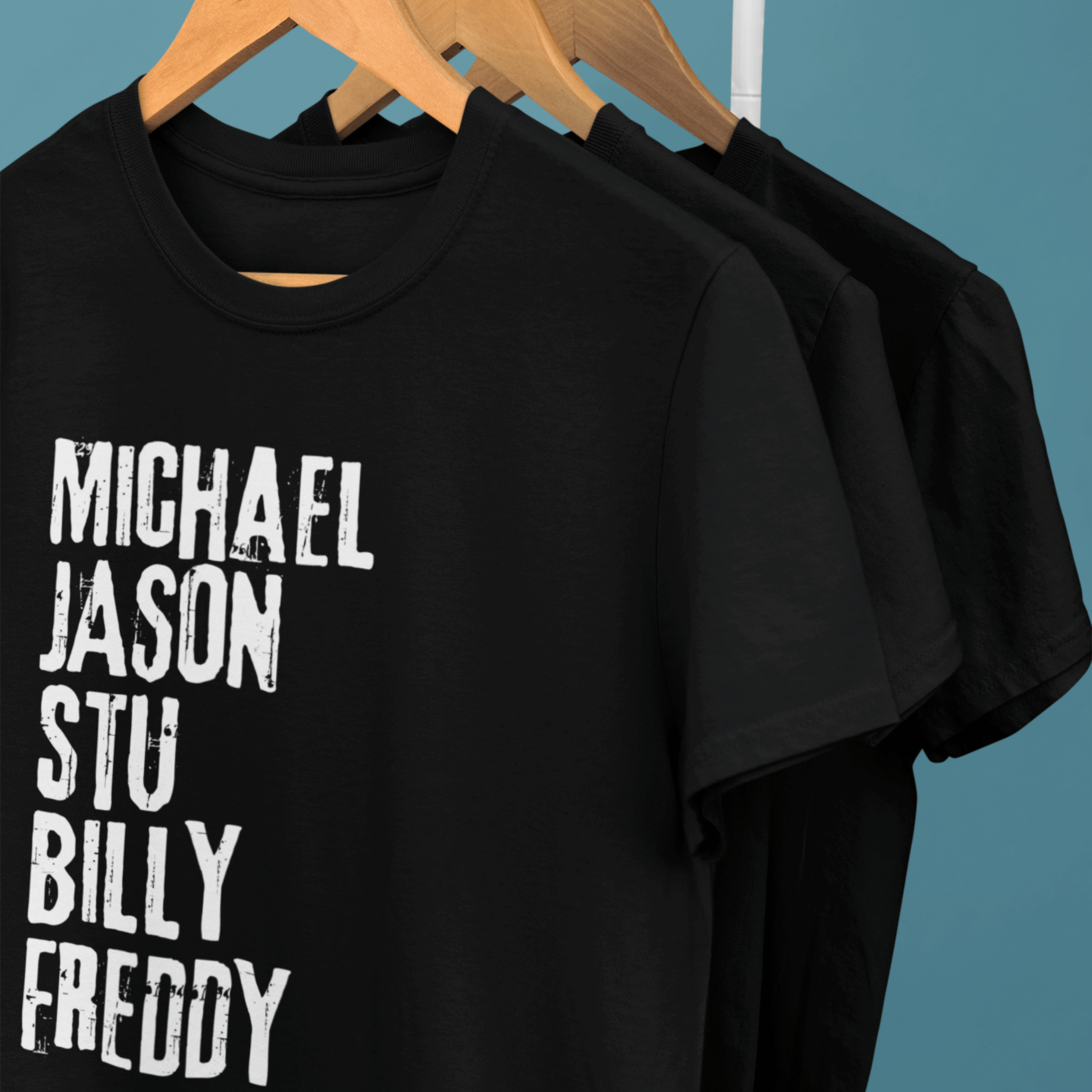 clothes rack of horror movie villain tshirts