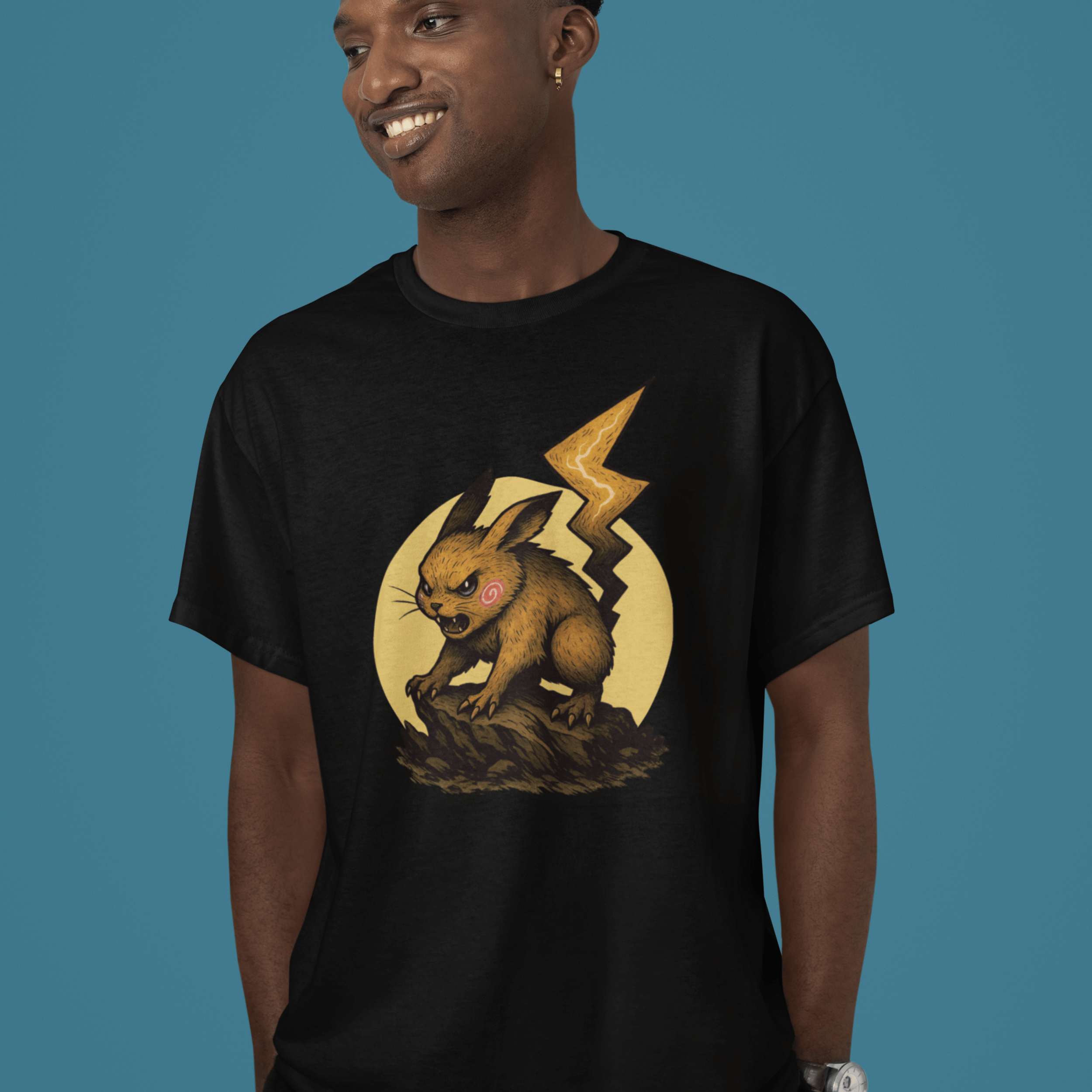 man wearing Pokemon t-shirt with fantasy Pikachu creature