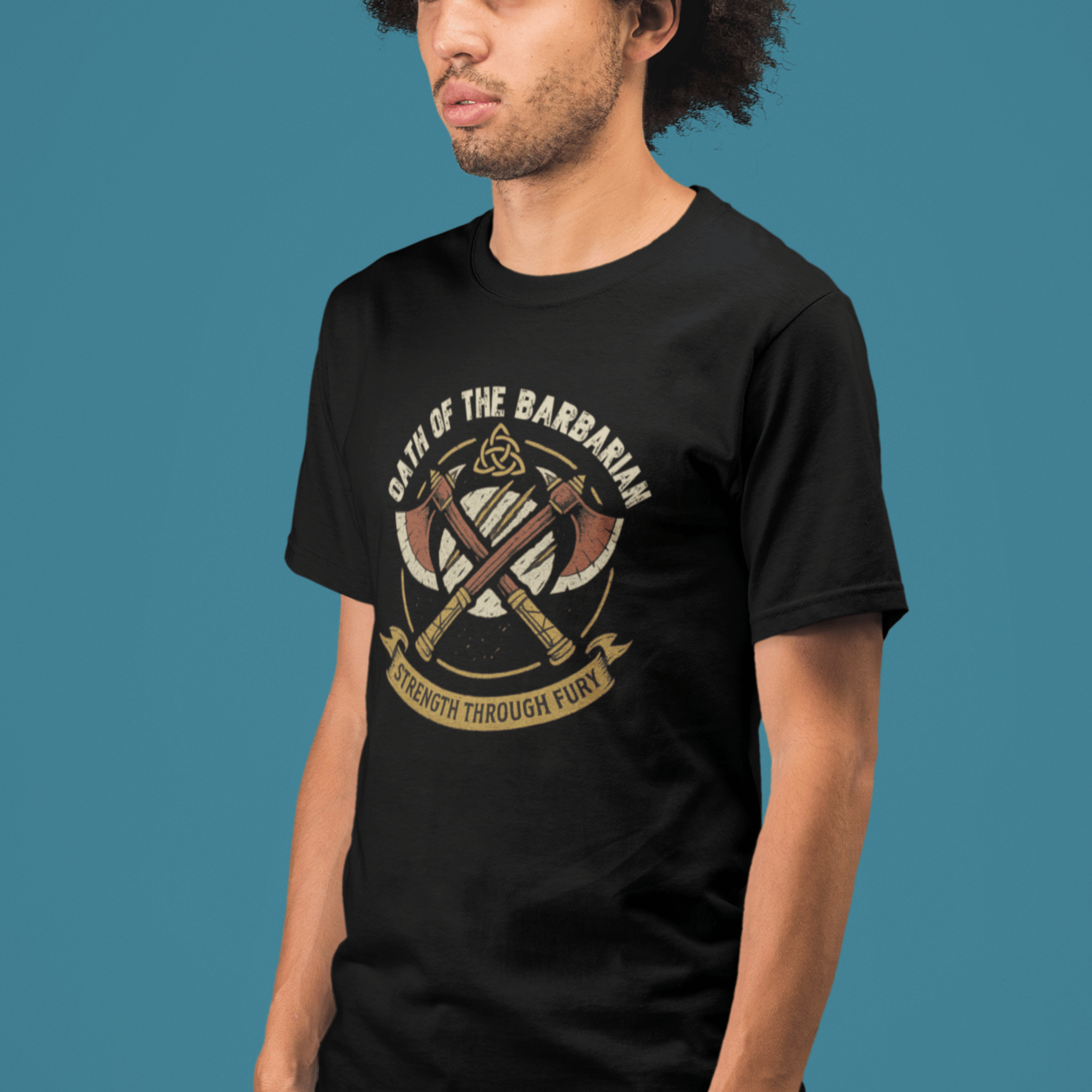 side on of man wearing D&D barbarian t-shirt with emblem of "oath of the barbarian"