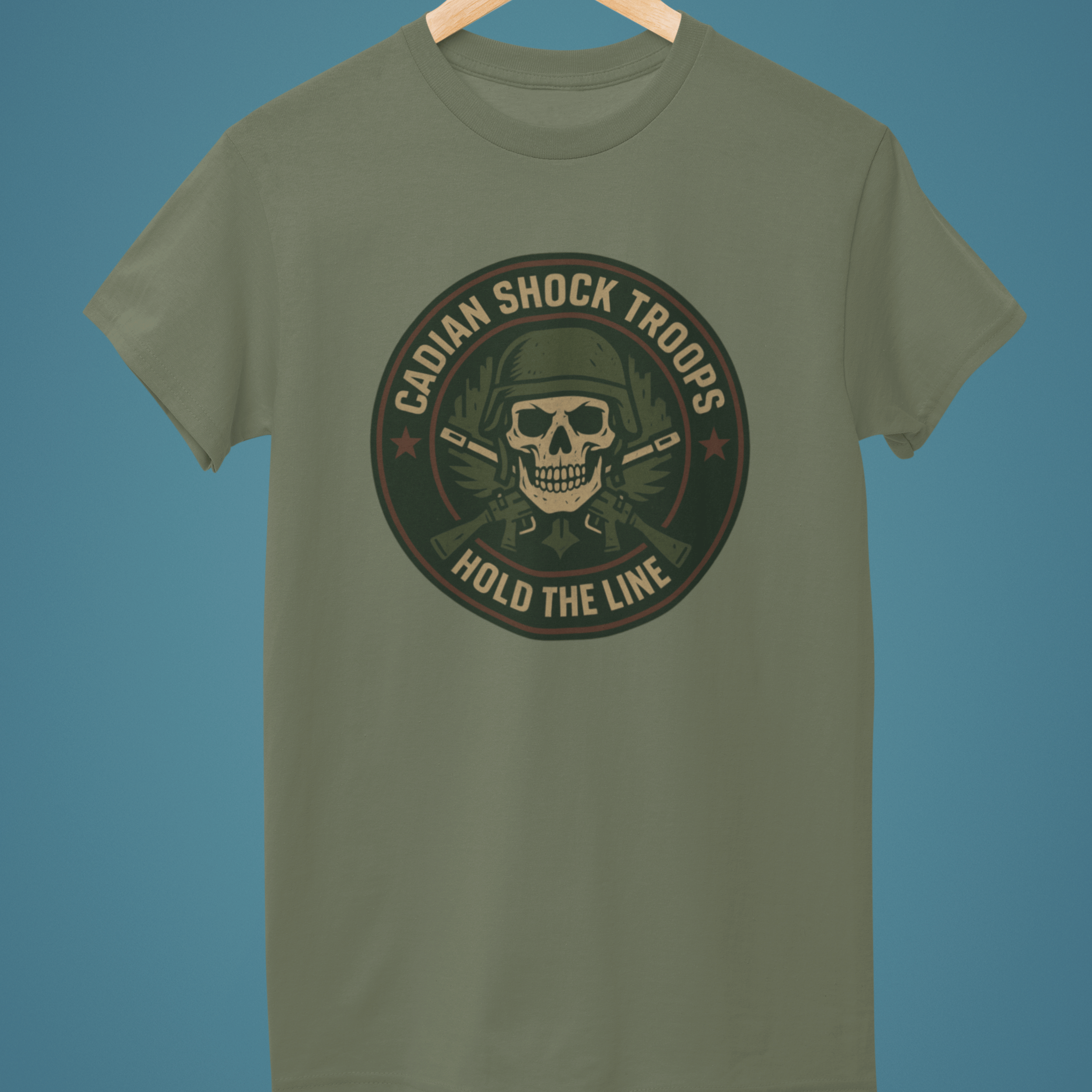 army green Warhammer 40k cadian shock troop tshirt