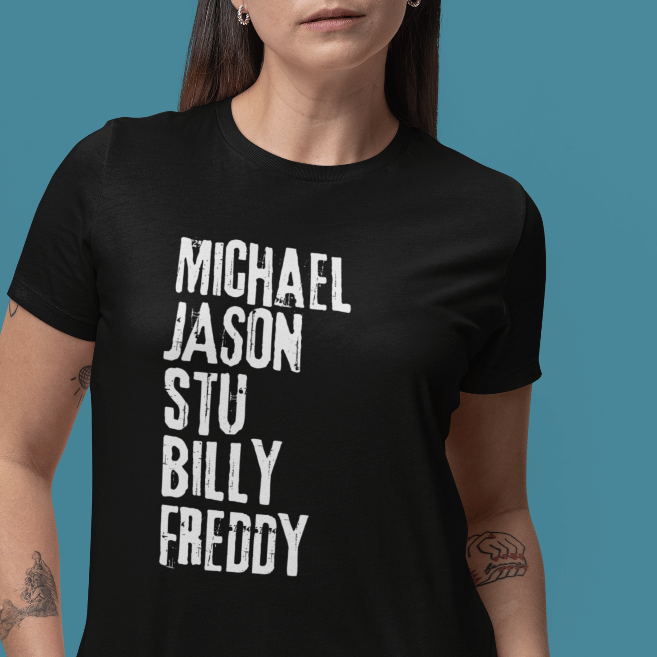 woman wearing horror movie villain tshirt