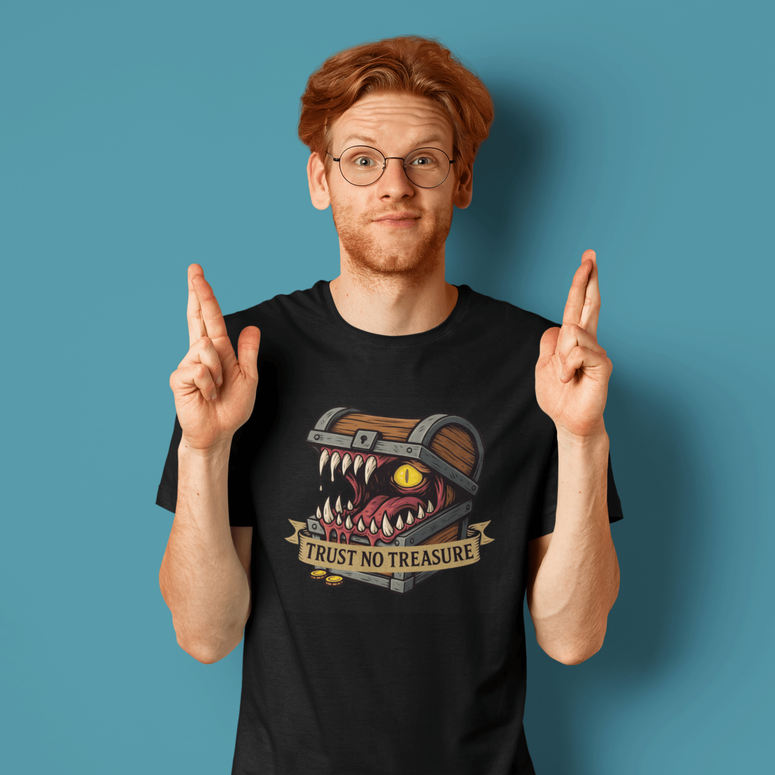 man wearing D&D mimic t-shirt with monster treasure chest as slogan "trust no treasure"