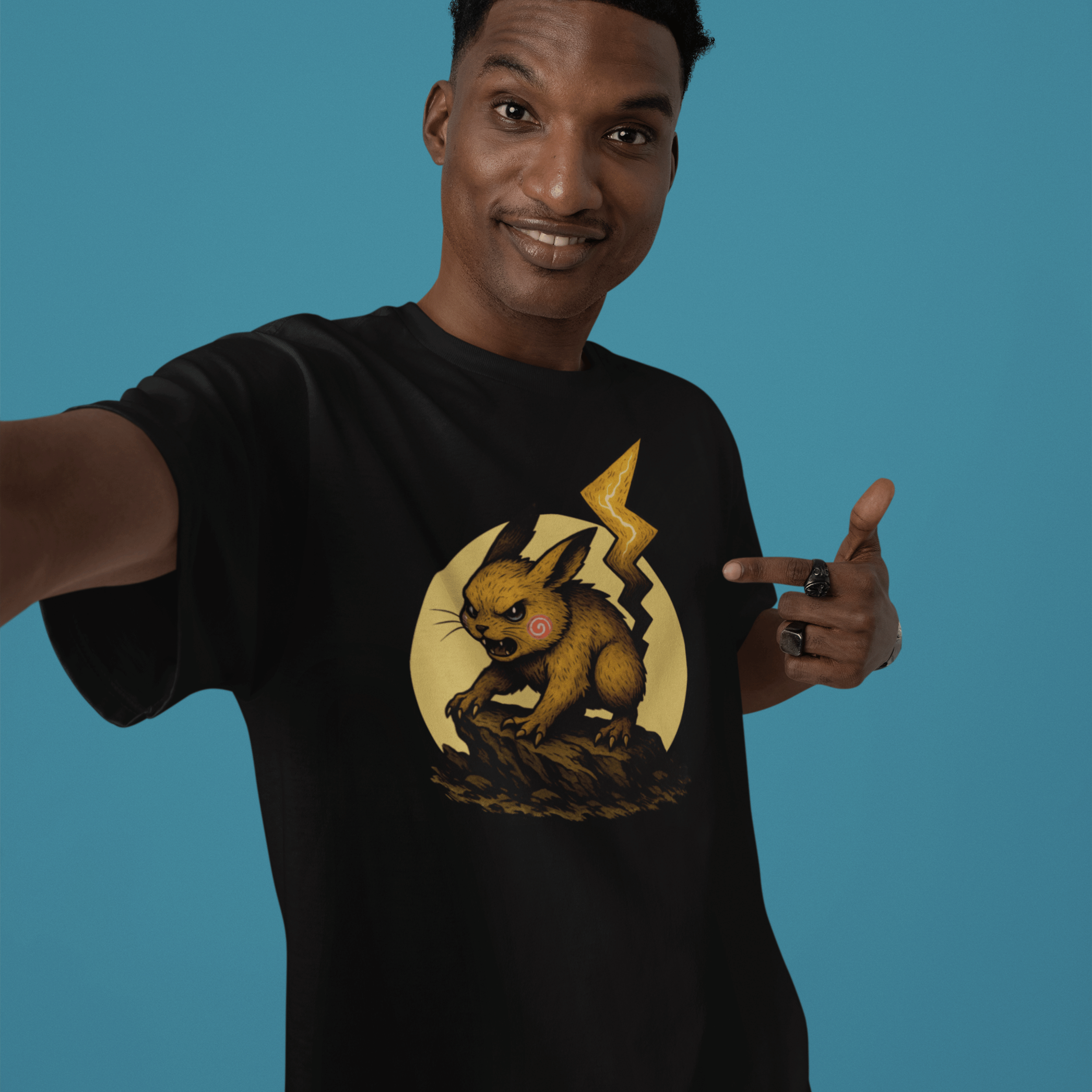 man taking selfie wearing Pokemon t-shirt with fantasy Pikachu creature