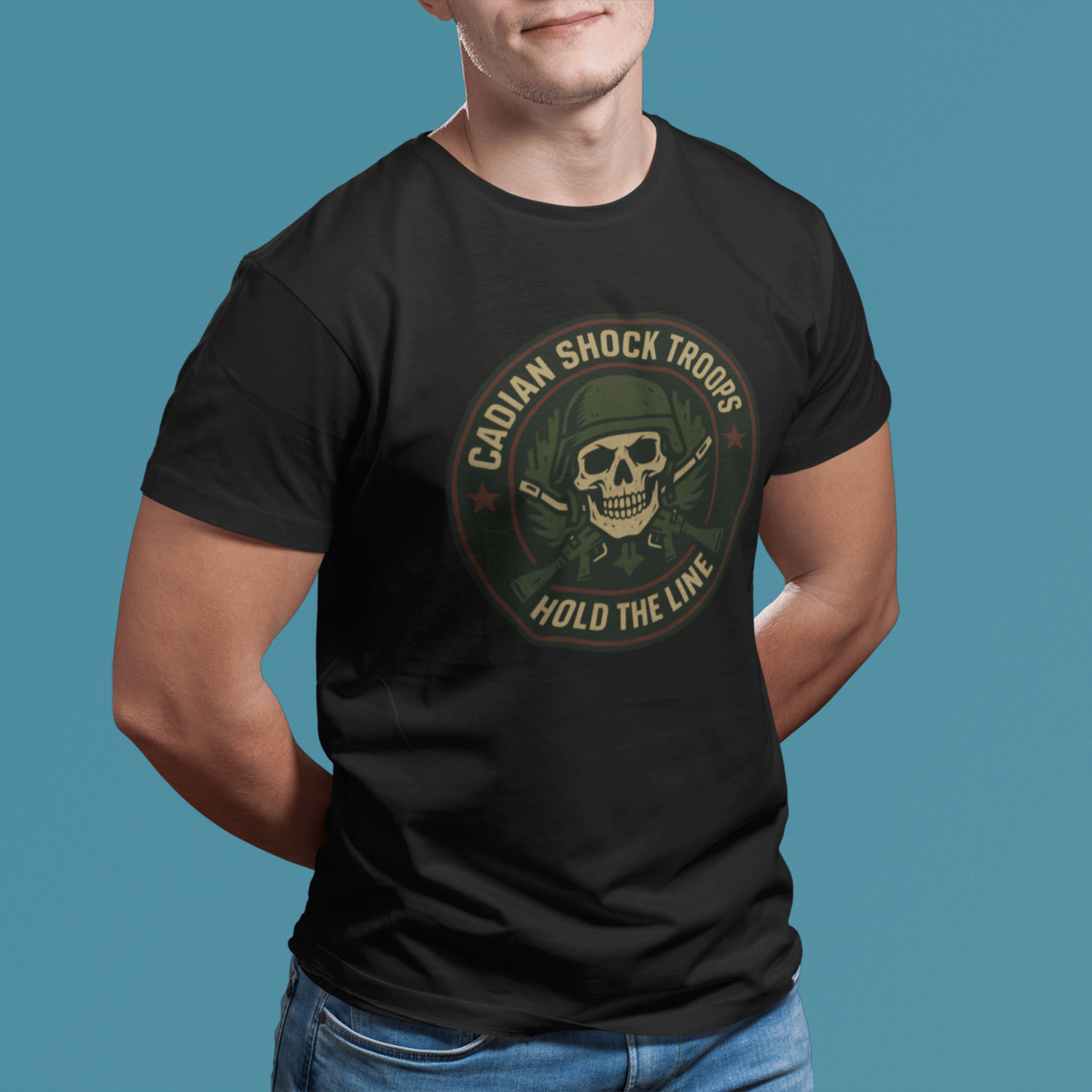 man wearing Warhammer 40k cadian shock troop tshirt