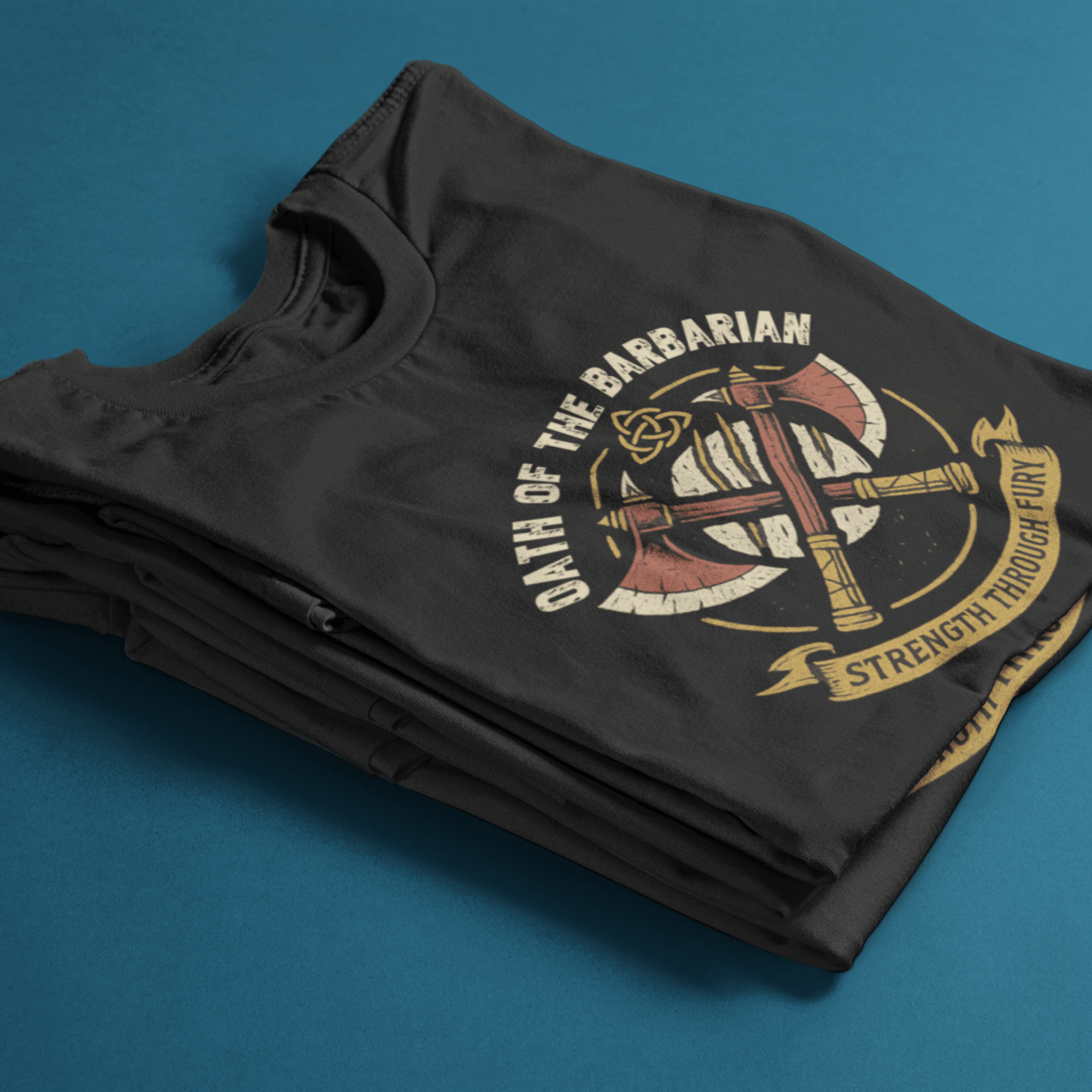 folded D&D barbarian t-shirt with emblem of "oath of the barbarian"