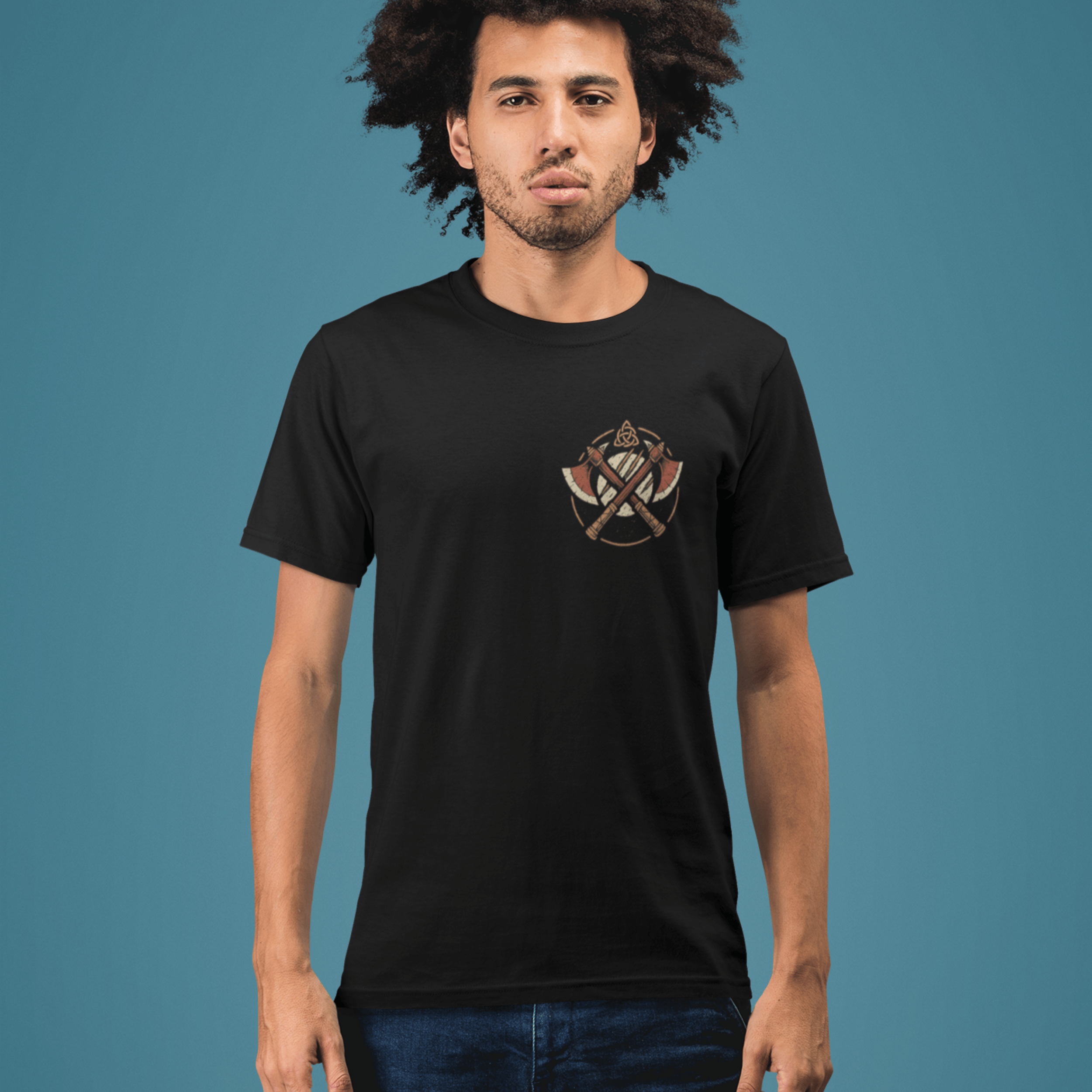 man wearing D&D Barbarian T-Shirt with Strength Through Fury Back Design