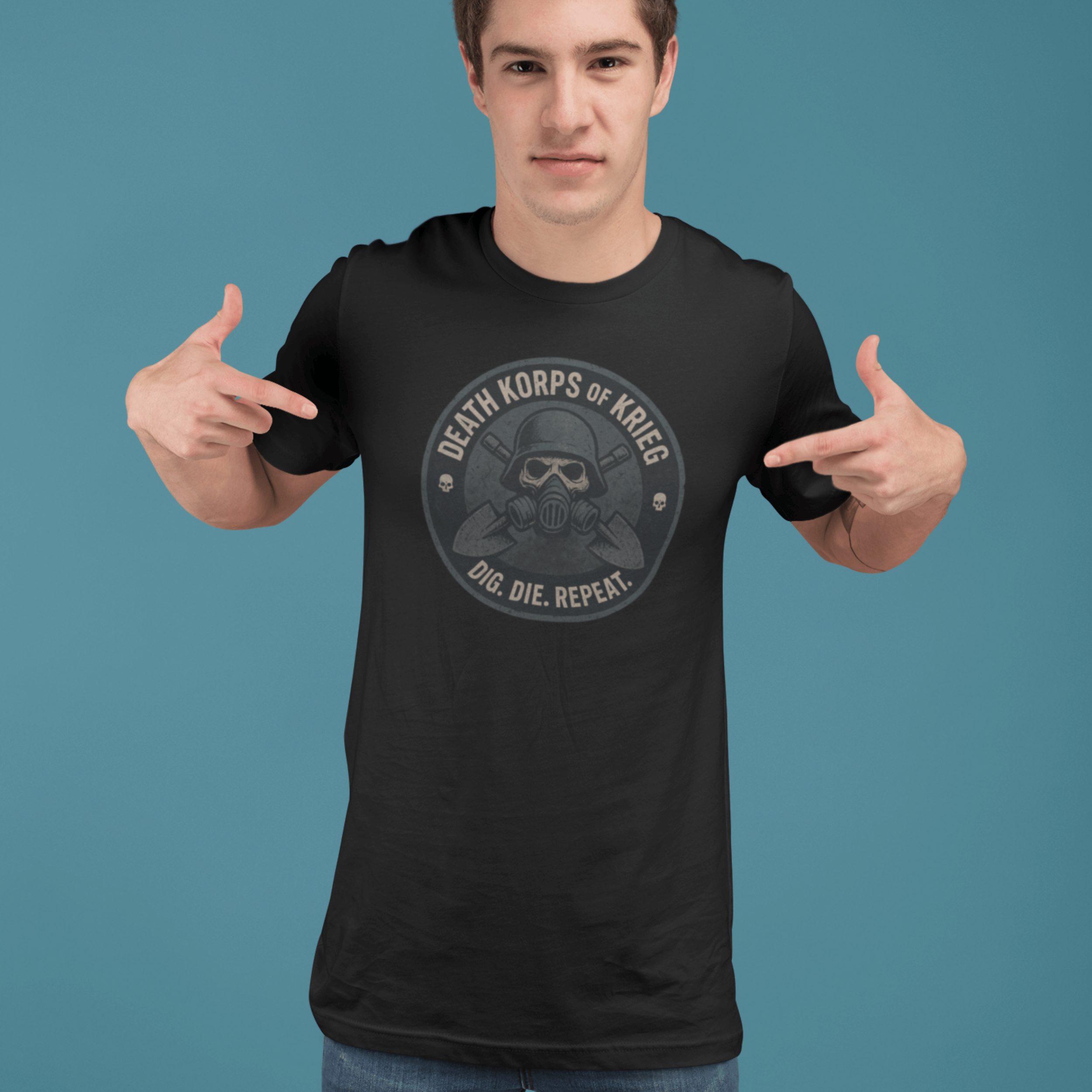man pointing to Warhammer 40k death korps of krieg tshirt with skull and "dig die repeat" slogan