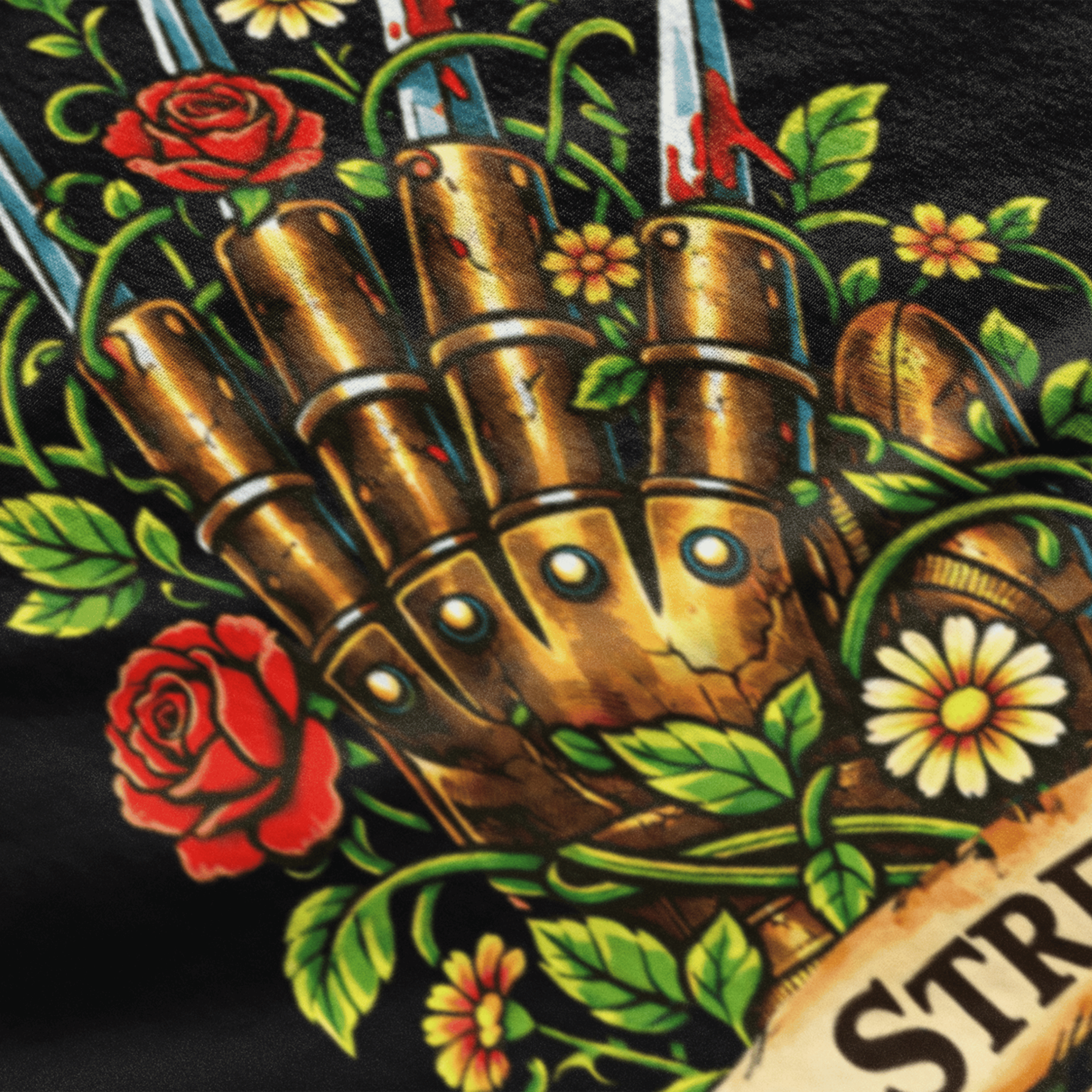 close up of Nightmare on Elm Street t-shirt with freddy's claw and "elm street gardening club" sign