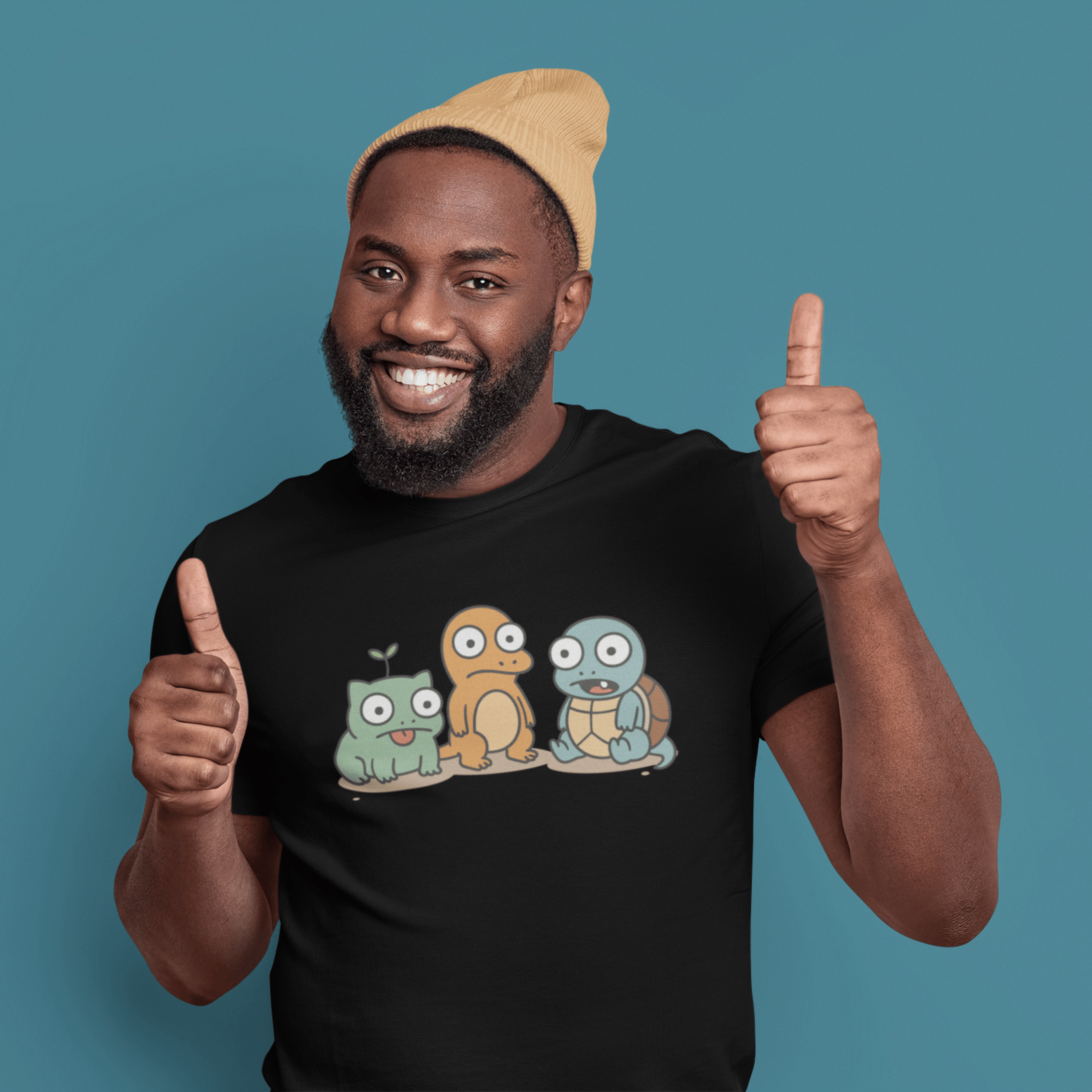 man with thumbs up wearing funny pokemon t-shirt with derpy starters