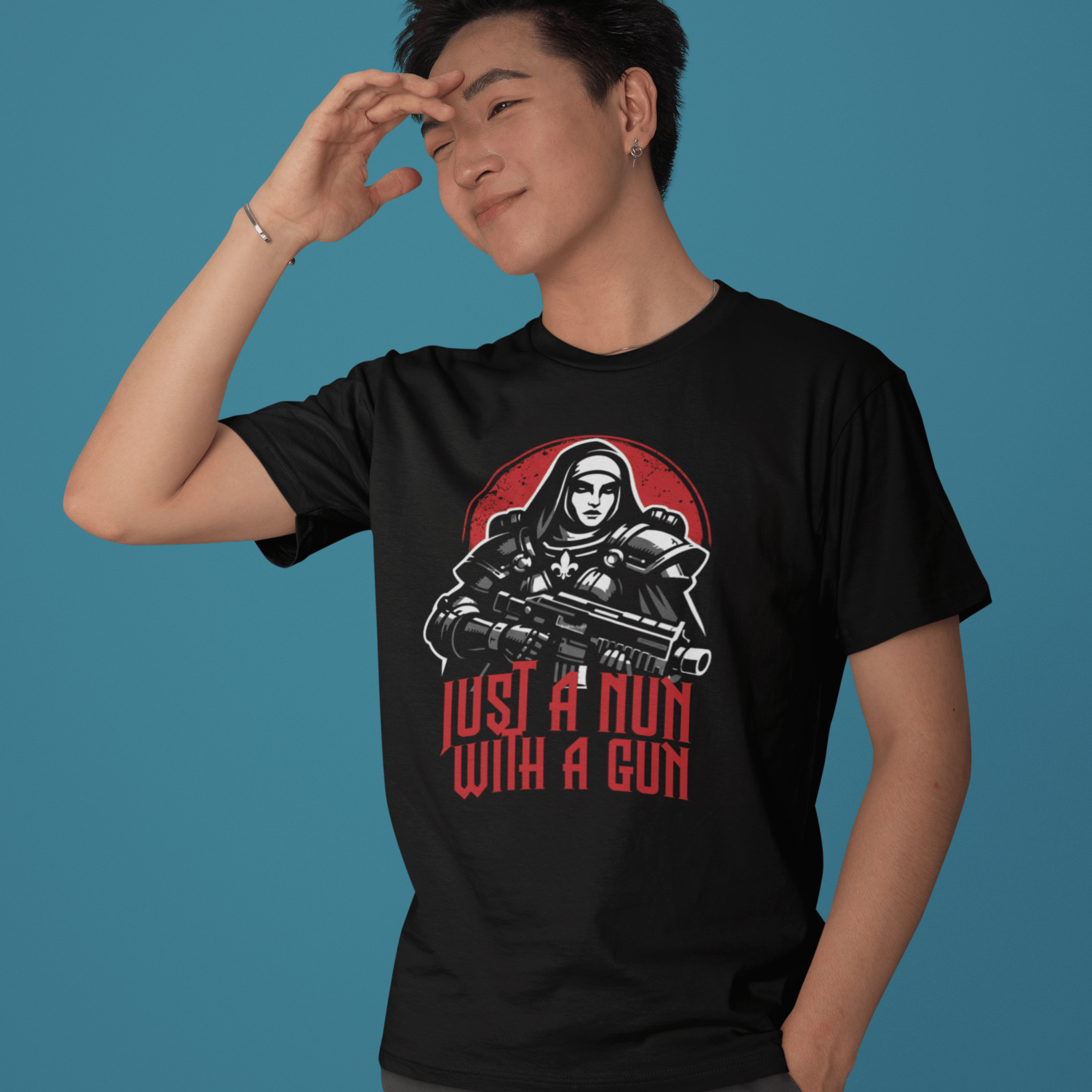 close up of man wearing Warhammer 40k Adepta Sororitas t-shirt featuring "just a nun with a gun" graphic
