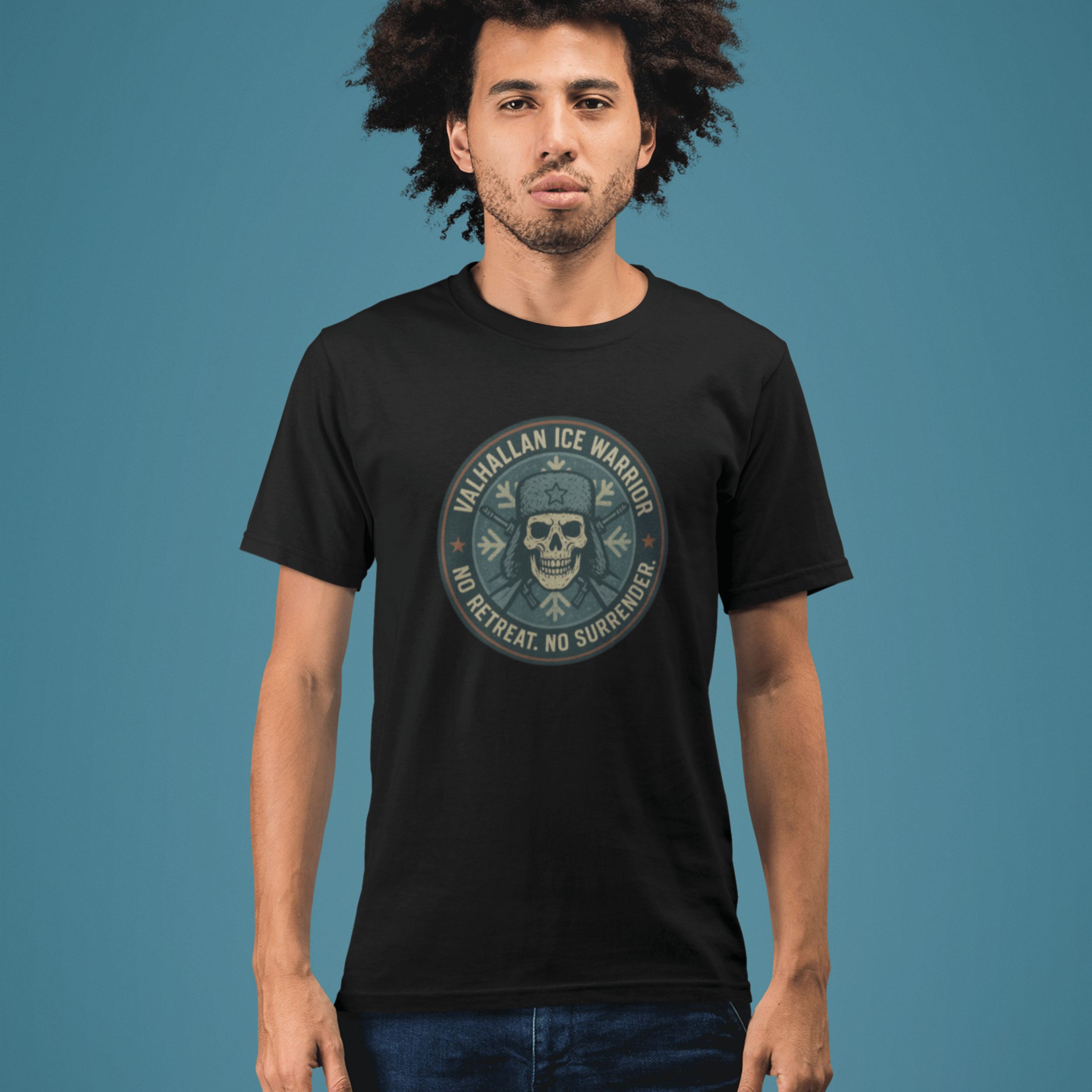 man wearing Warhammer 40k Valhallen Ice Warror tshirt with Imperial Guard emblem