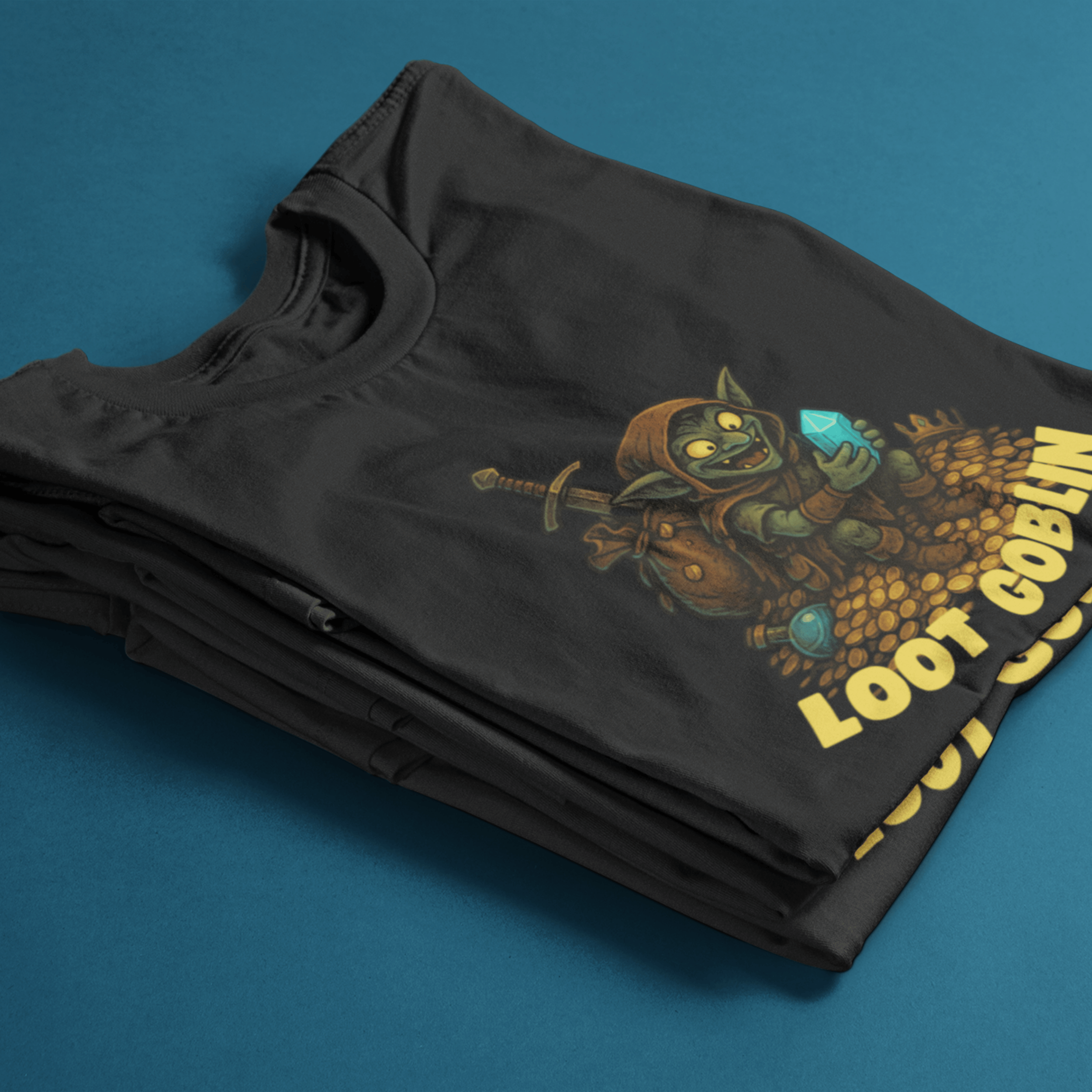 folded funny D&D tshirt with loot goblin sat on hoard of treasure