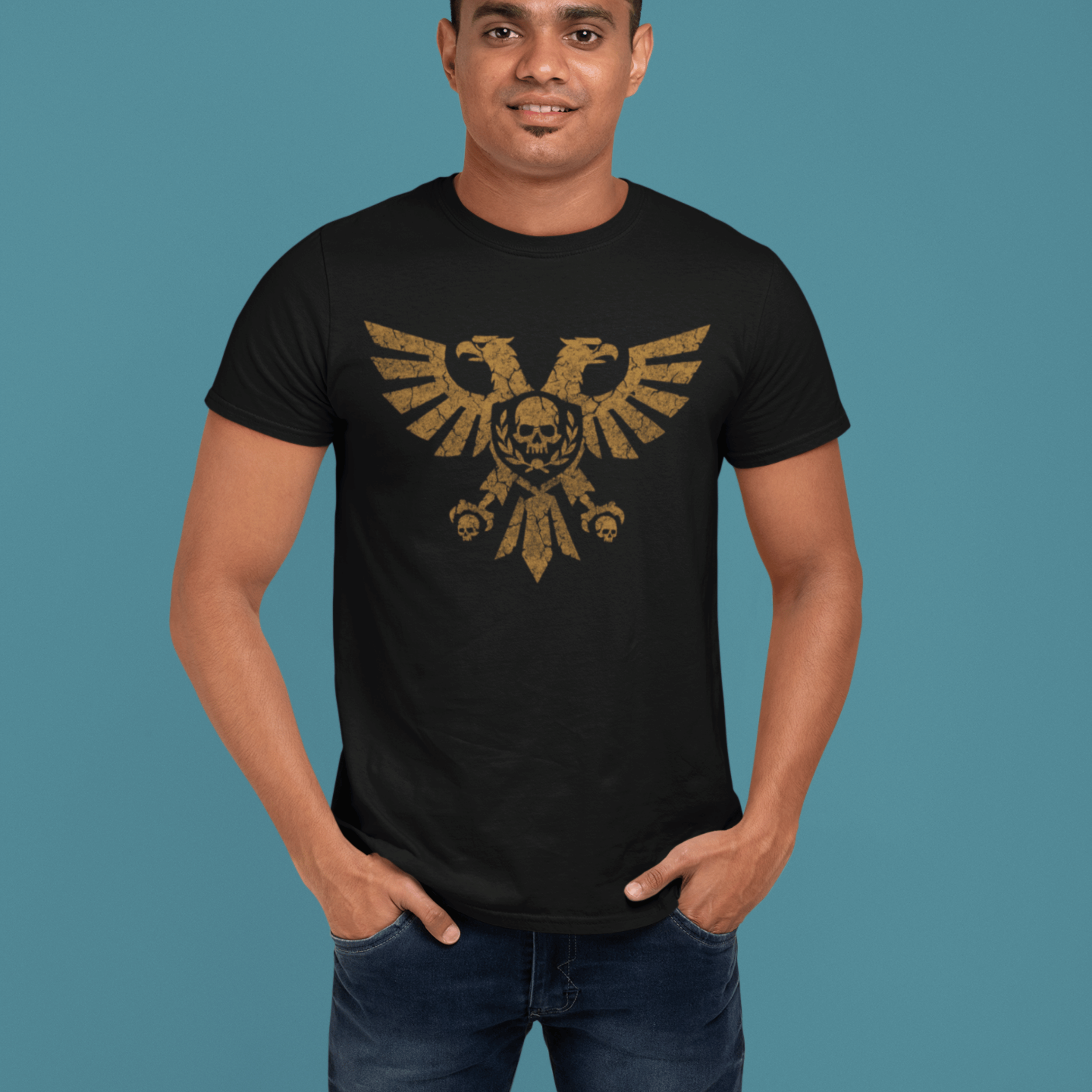 close up of man wearing Warhammer 40k tshirt with gold aquila symbol in gold