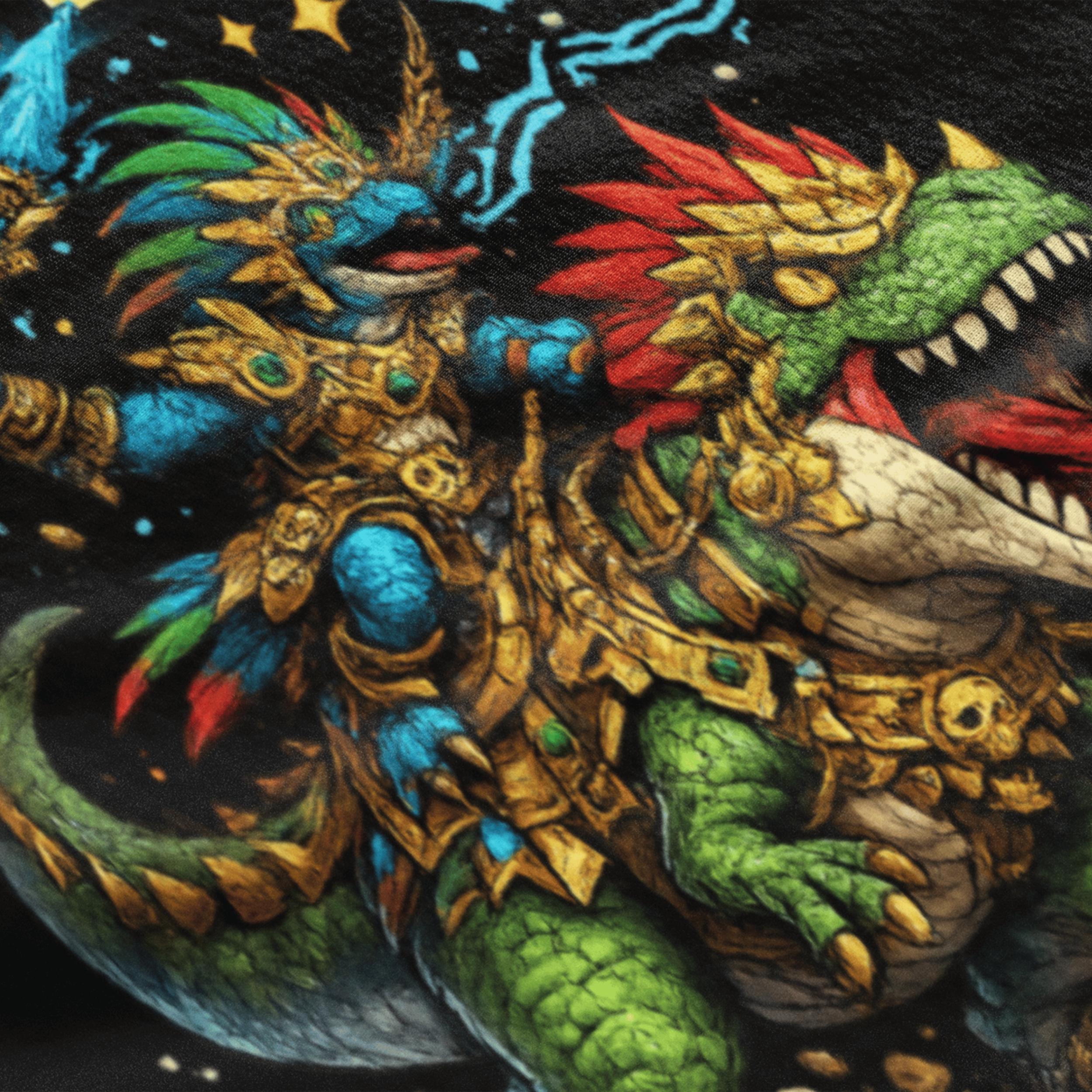 close up of Warhammer Age of Sigmar Seraphon t-shirt featuring a space lizard riding a dinosaur