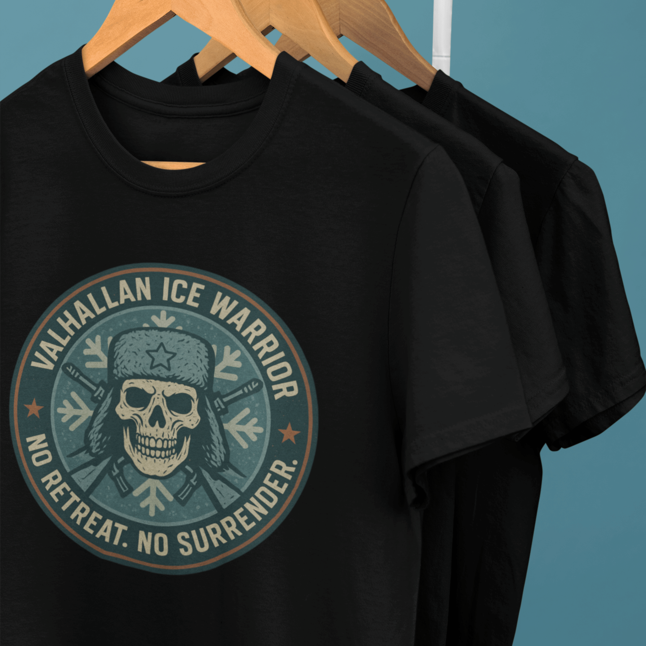 clothes rack of Warhammer 40k Valhallen Ice Warror tshirts with Imperial Guard emblem