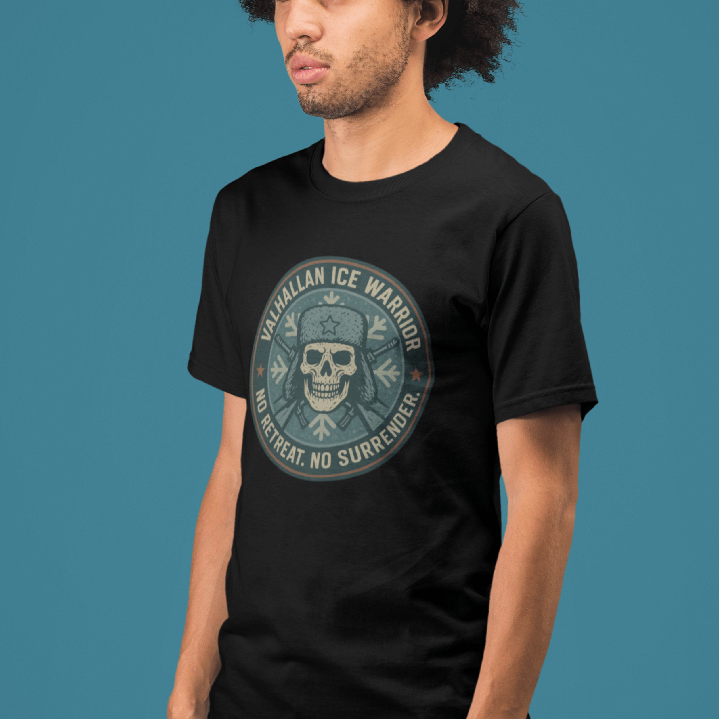 close up of man wearing Warhammer 40k Valhallen Ice Warror tshirt with Imperial Guard emblem