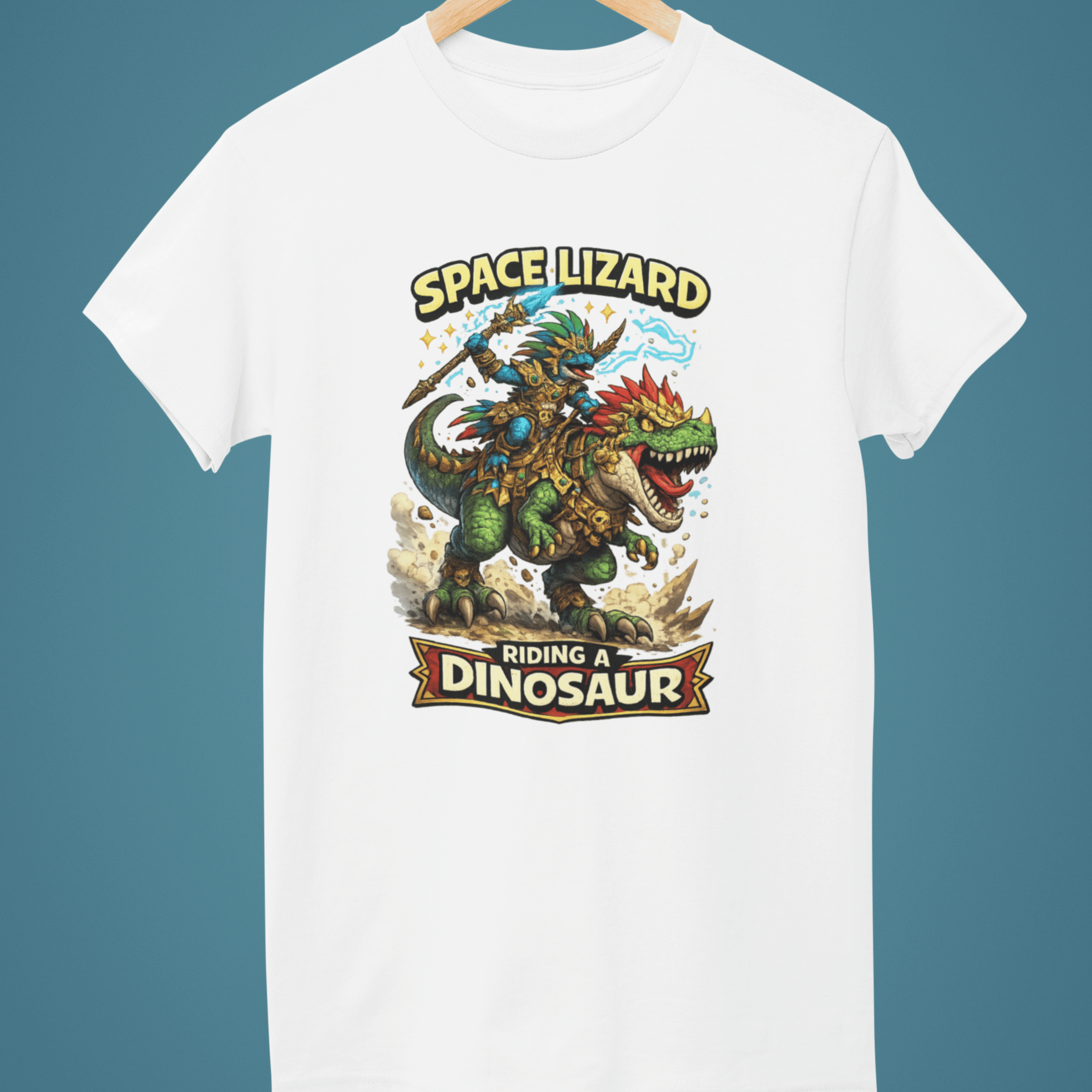 white Warhammer Age of Sigmar Seraphon t-shirt featuring a space lizard riding a dinosaur