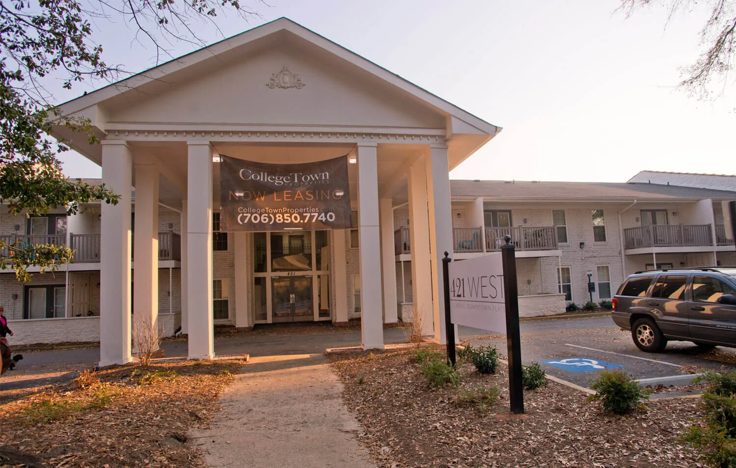 Main entrance and a few balconies at 421 West, a student housing apartment complex in Athens, GA